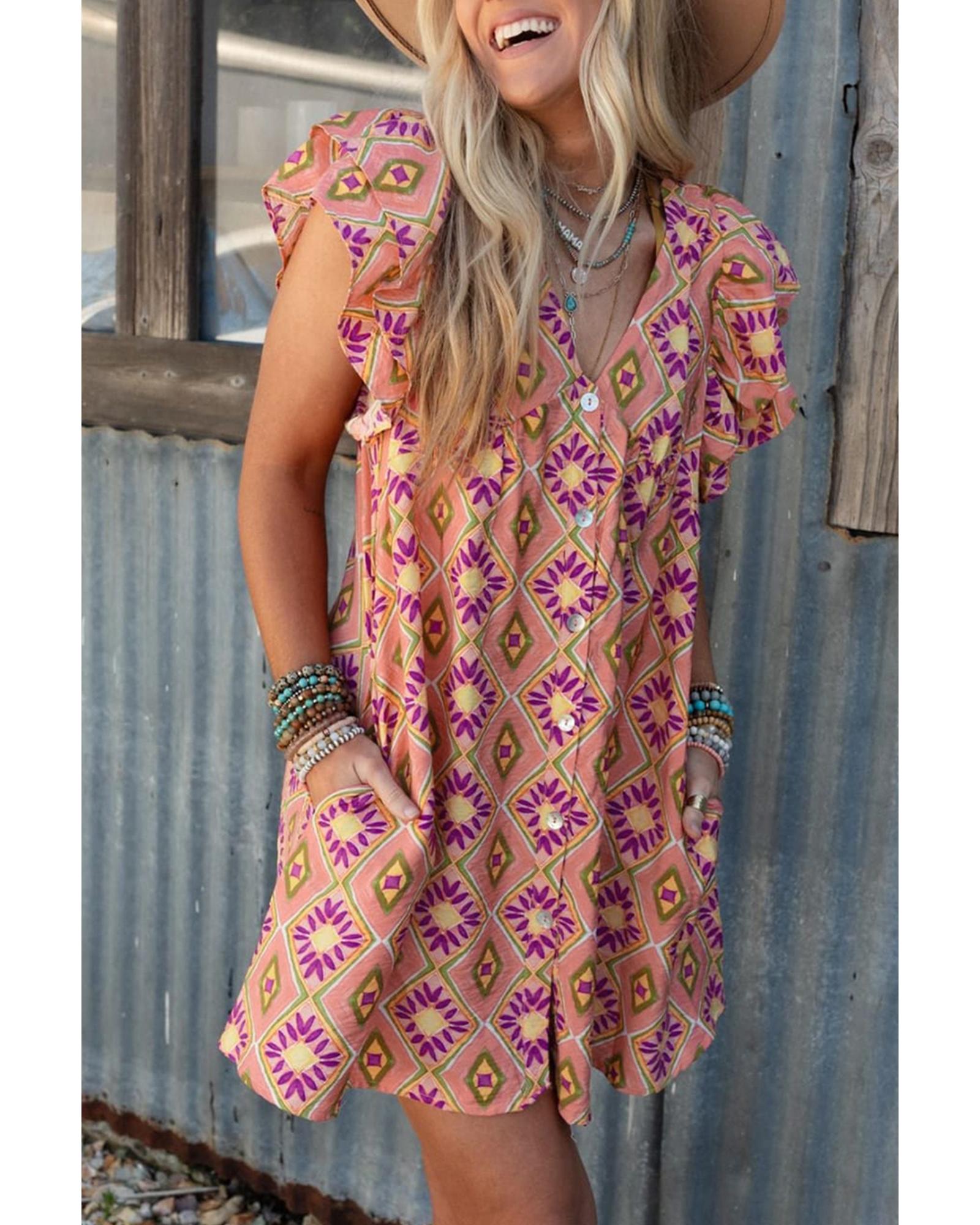 Orange Geometric Floral V Neck Buttoned Ruffled Sleeve Mini Dress - M 8