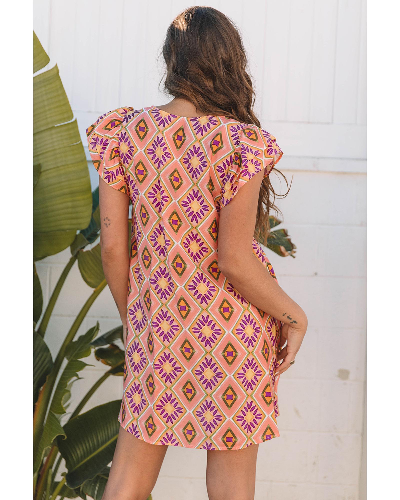 Orange Geometric Floral V Neck Buttoned Ruffled Sleeve Mini Dress - XL