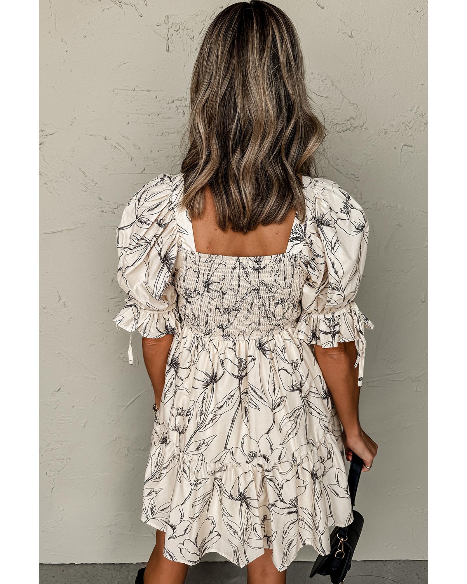 Beige Floral Print Square Neck Shirred Back Puff Sleeve Mini Dress - L