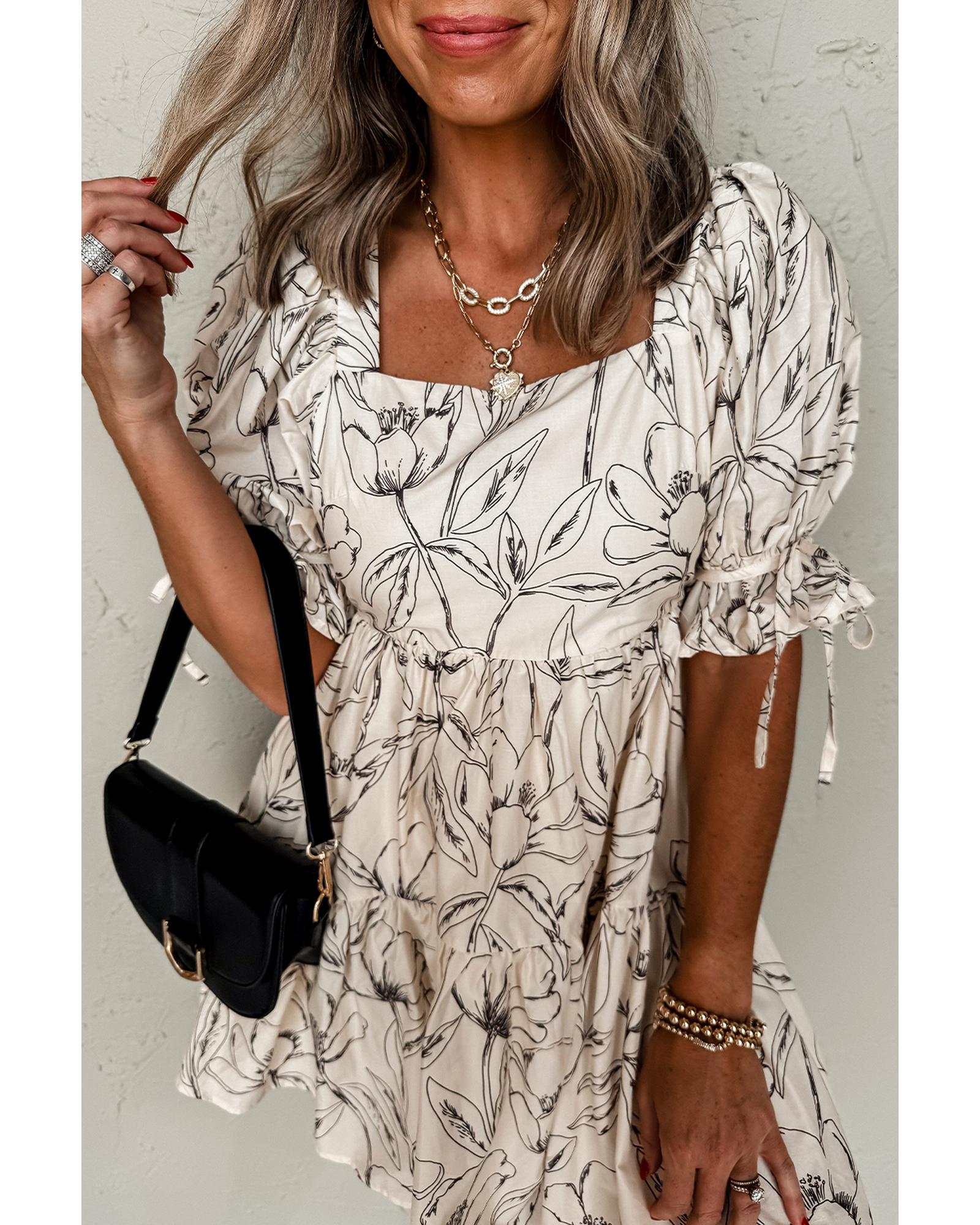 Beige Floral Print Square Neck Shirred Back Puff Sleeve Mini Dress - L 6