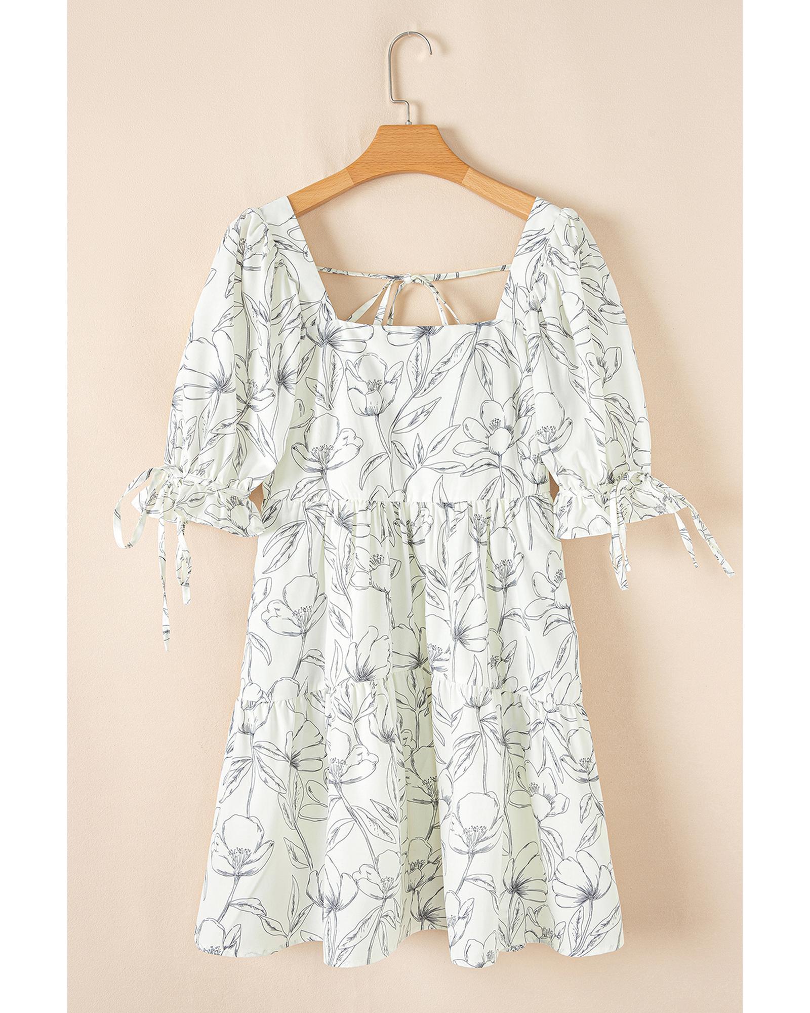 Beige Floral Print Square Neck Shirred Back Puff Sleeve Mini Dress - M 8