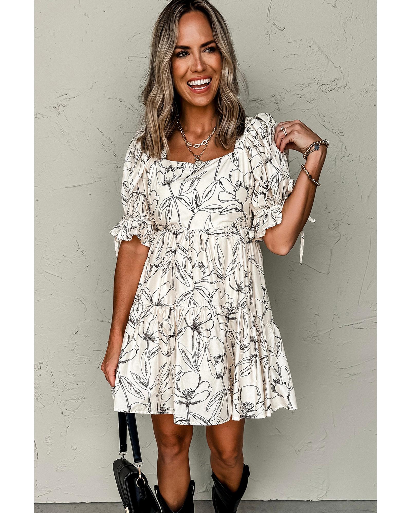 Beige Floral Print Square Neck Shirred Back Puff Sleeve Mini Dress - S