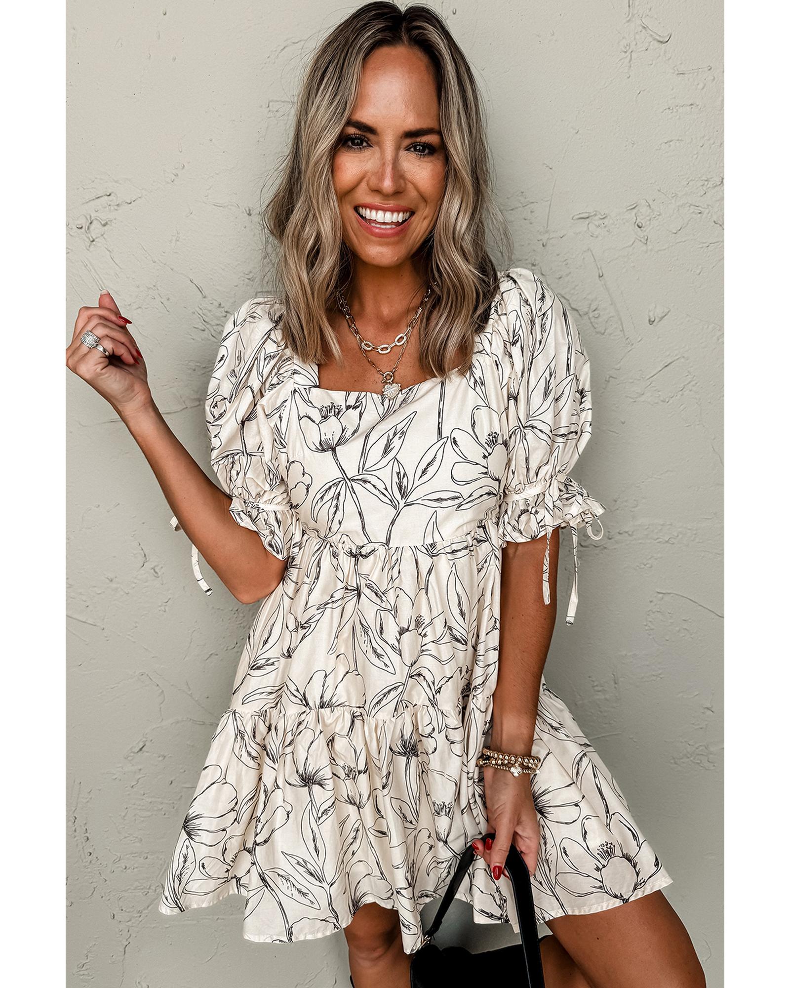Beige Floral Print Square Neck Shirred Back Puff Sleeve Mini Dress - XL 6