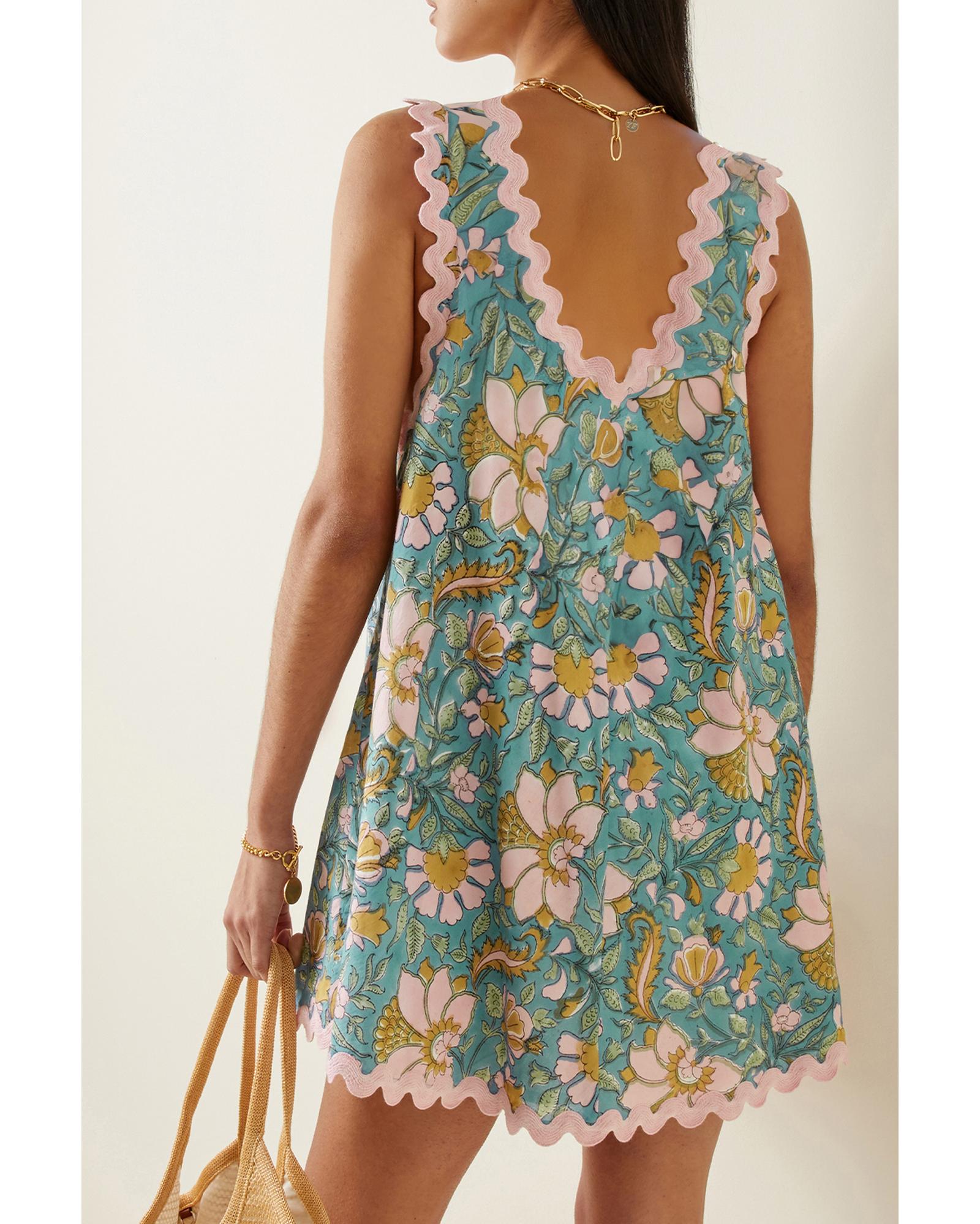 Sky Blue Floral Ricrac Trim V Neck Shift Mini Tank Dress - L