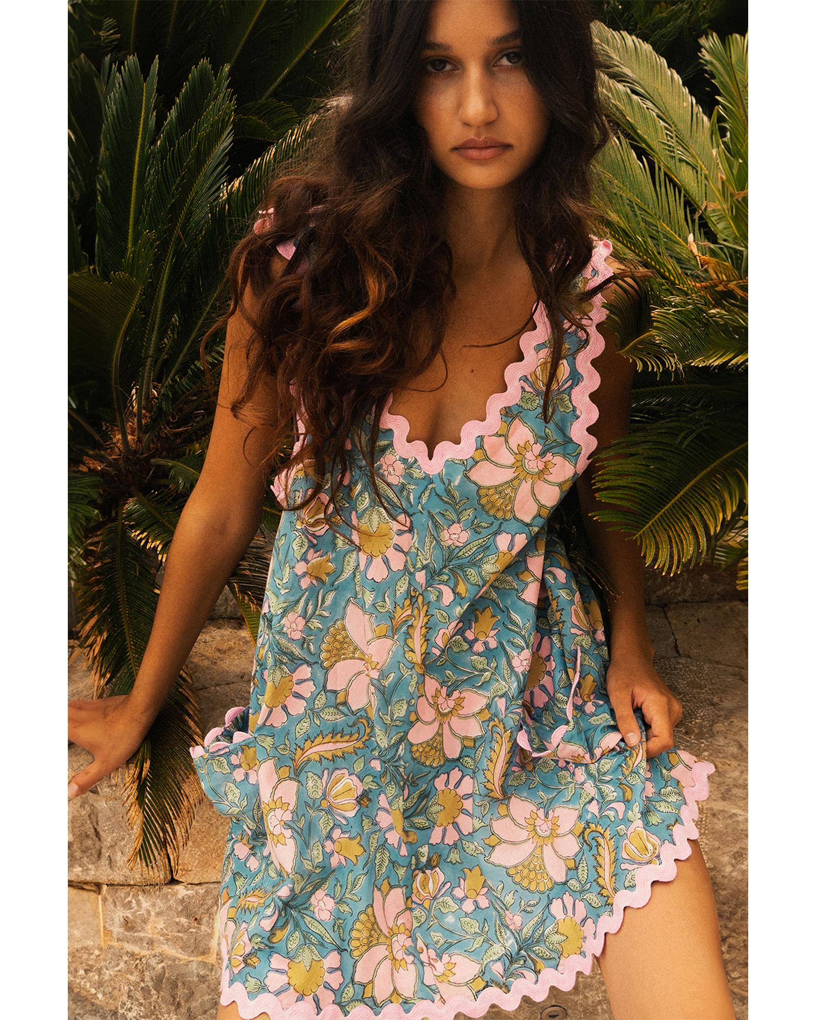 Sky Blue Floral Ricrac Trim V Neck Shift Mini Tank Dress - L 4