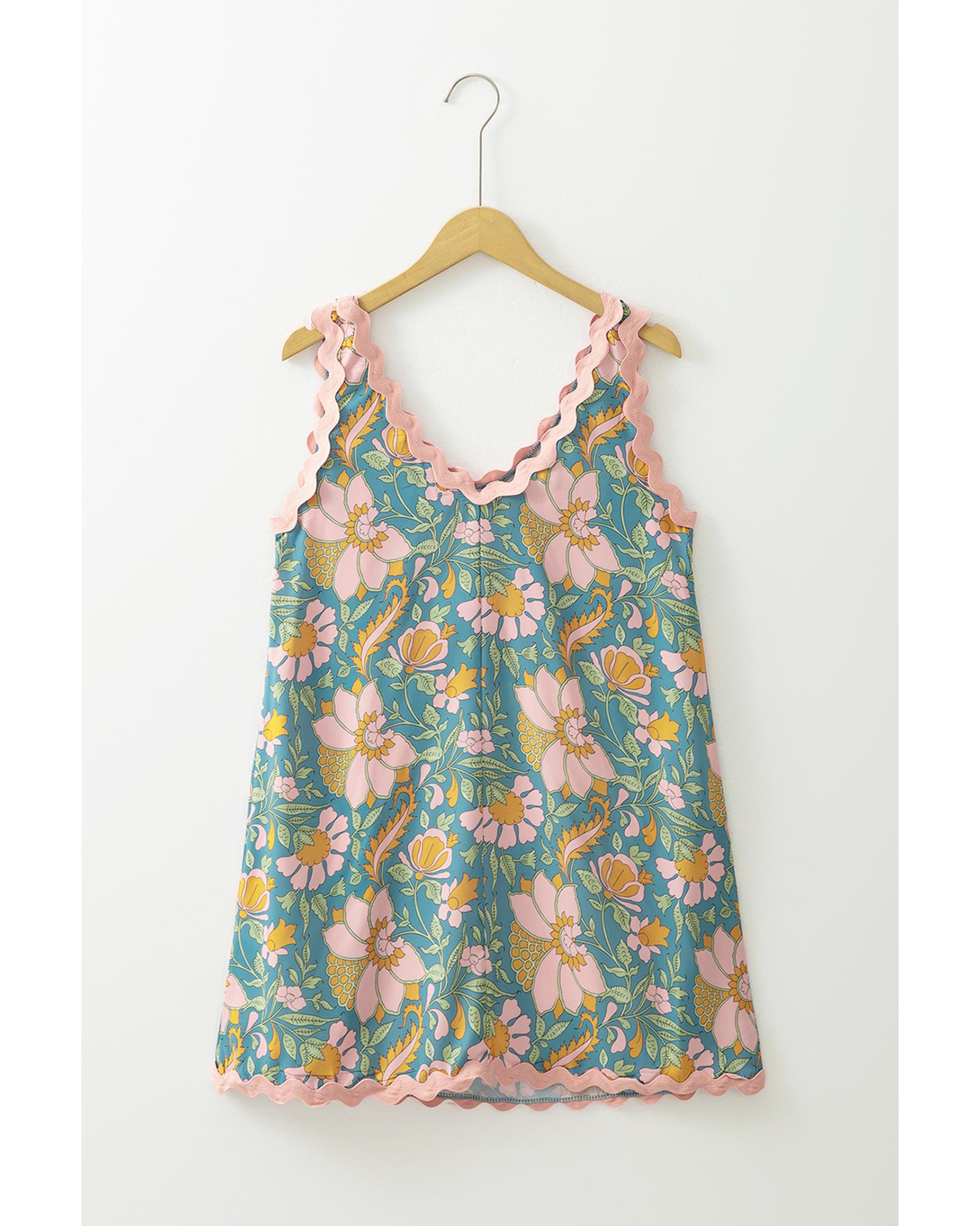 Sky Blue Floral Ricrac Trim V Neck Shift Mini Tank Dress - L 6