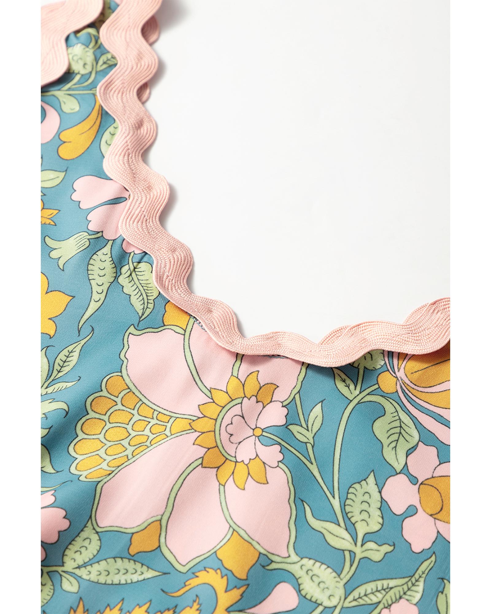 Sky Blue Floral Ricrac Trim V Neck Shift Mini Tank Dress - L 7