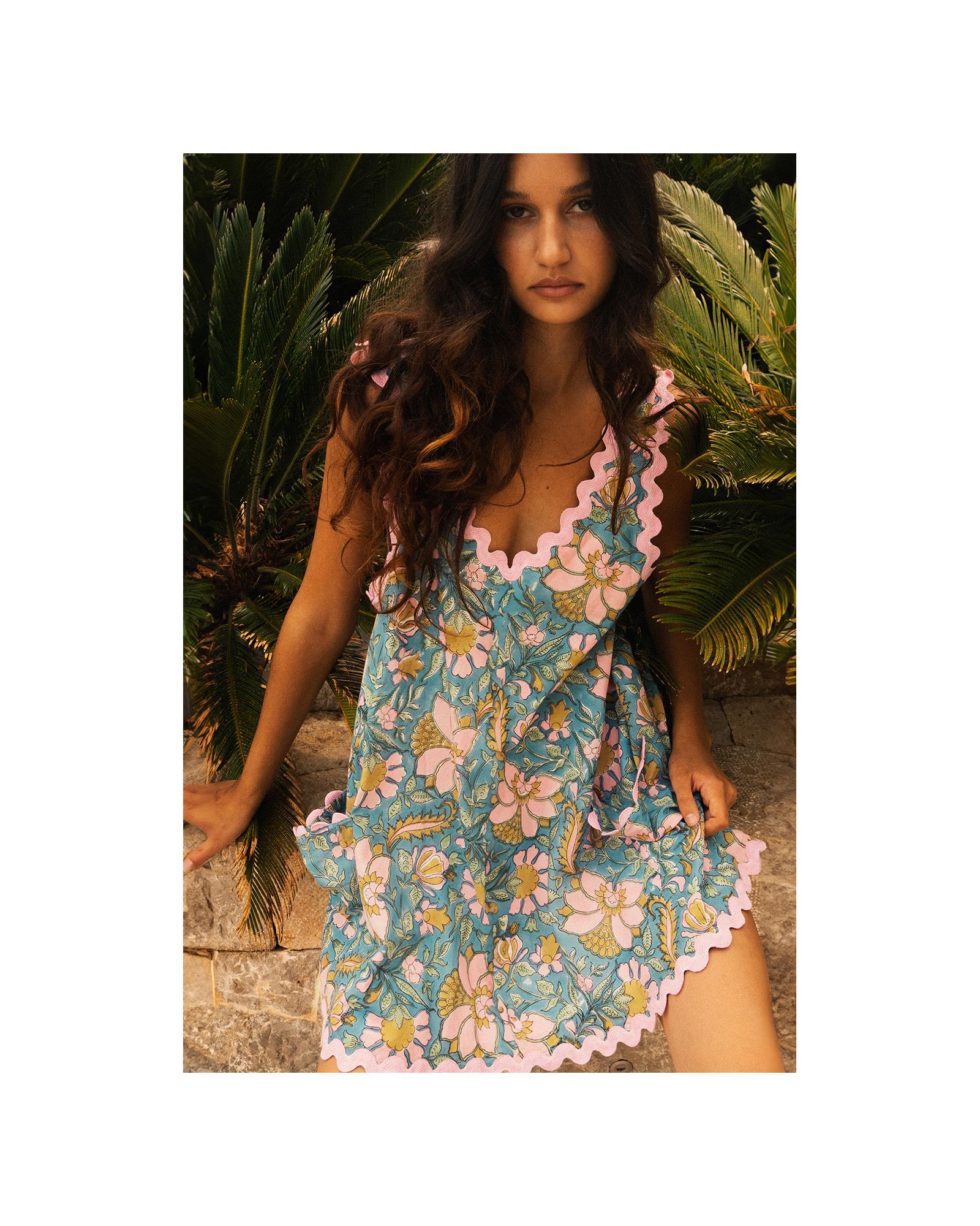 Sky Blue Floral Ricrac Trim V Neck Shift Mini Tank Dress - XL 4