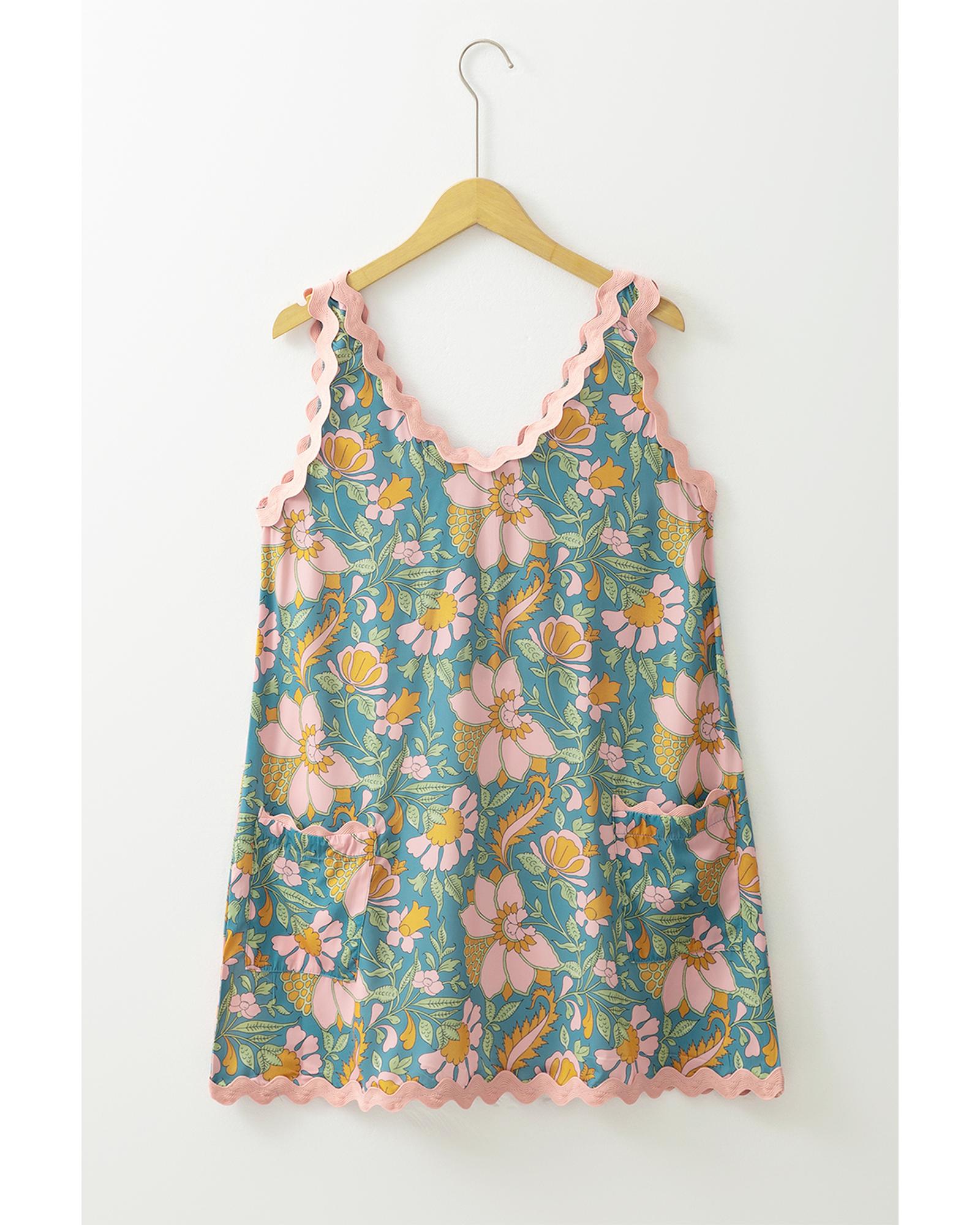 Sky Blue Floral Ricrac Trim V Neck Shift Mini Tank Dress - XL 5