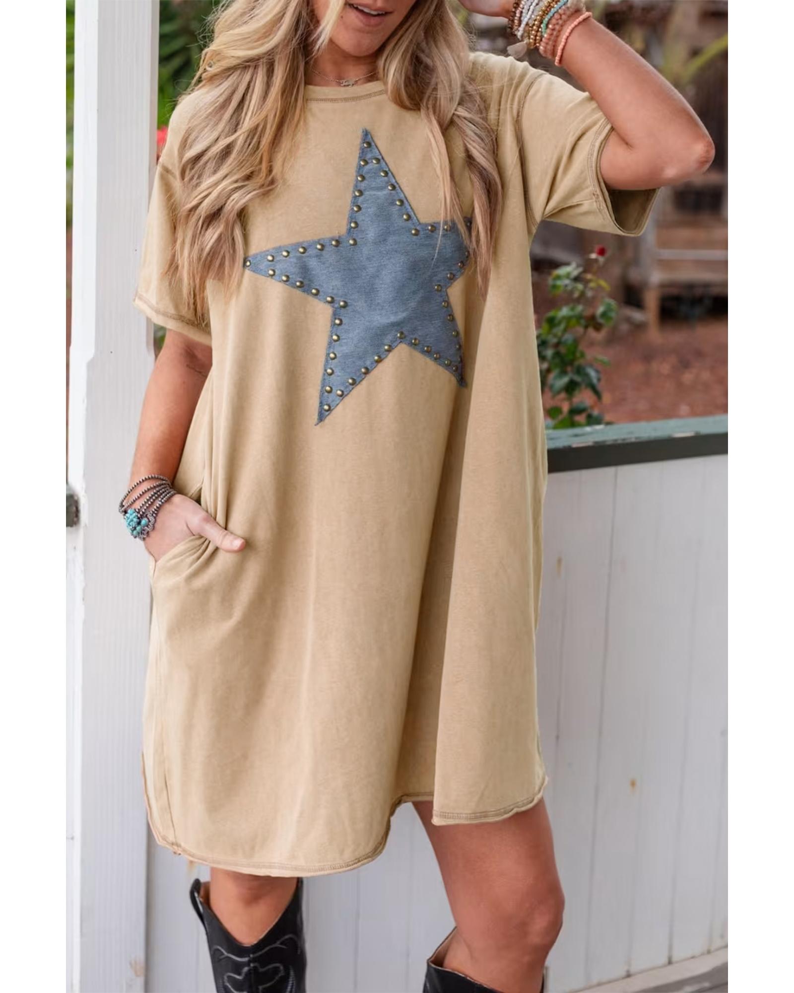 Pale Khaki Mineral Wash Stud Beaded Star Graphic Pocketed T Shirt Dress - S