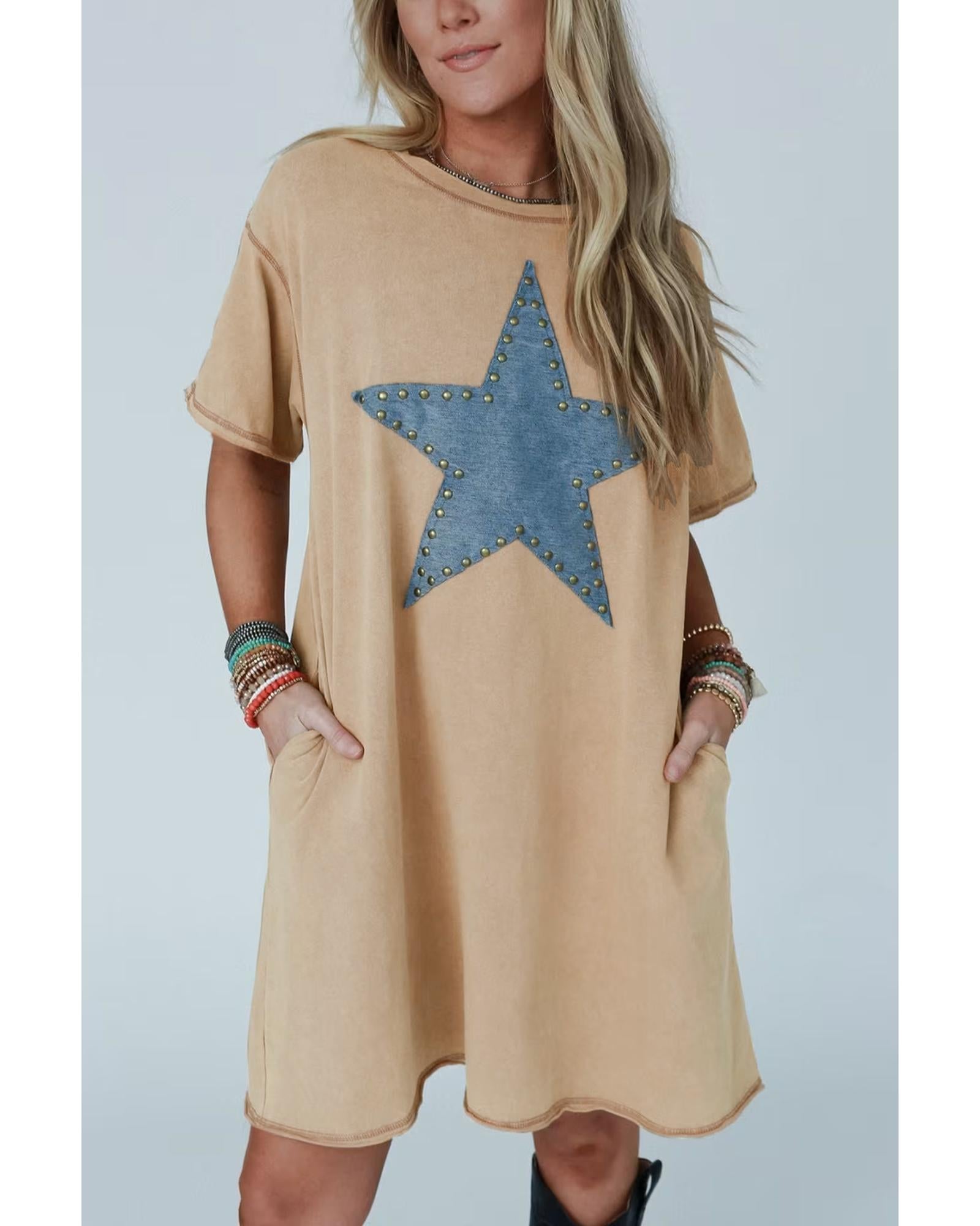 Pale Khaki Mineral Wash Stud Beaded Star Graphic Pocketed T Shirt Dress - S 3