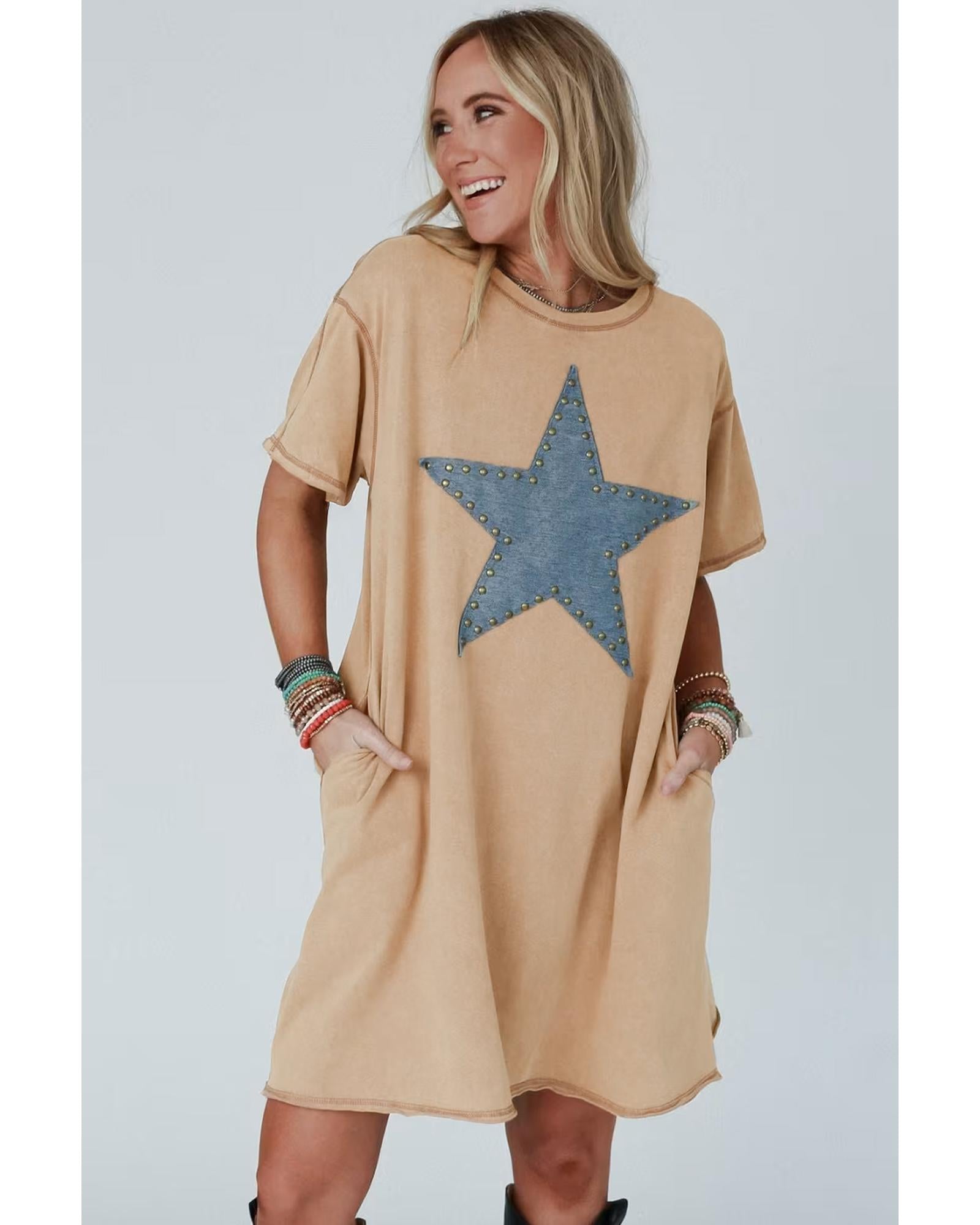 Pale Khaki Mineral Wash Stud Beaded Star Graphic Pocketed T Shirt Dress - S 4