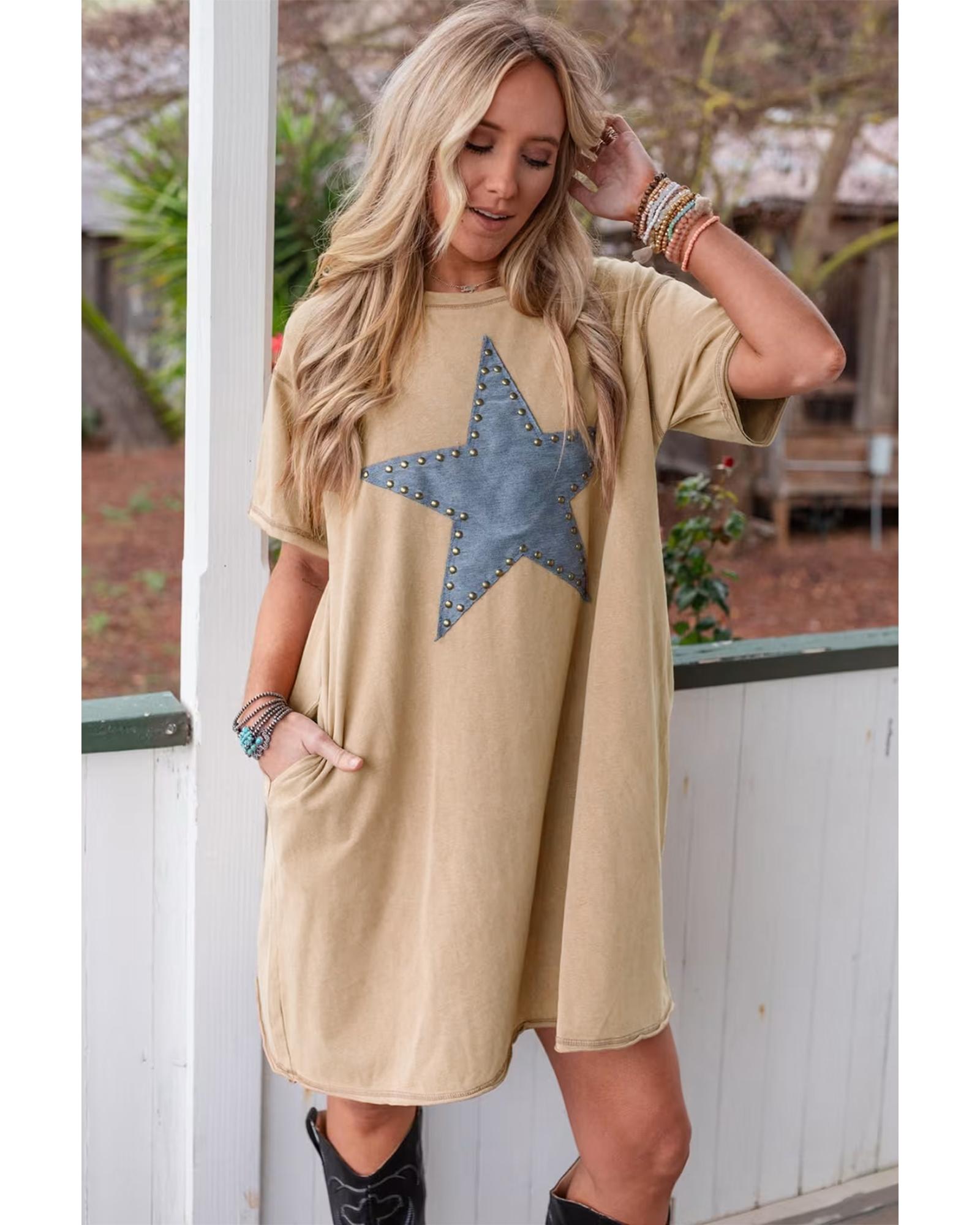 Pale Khaki Mineral Wash Stud Beaded Star Graphic Pocketed T Shirt Dress - S 5