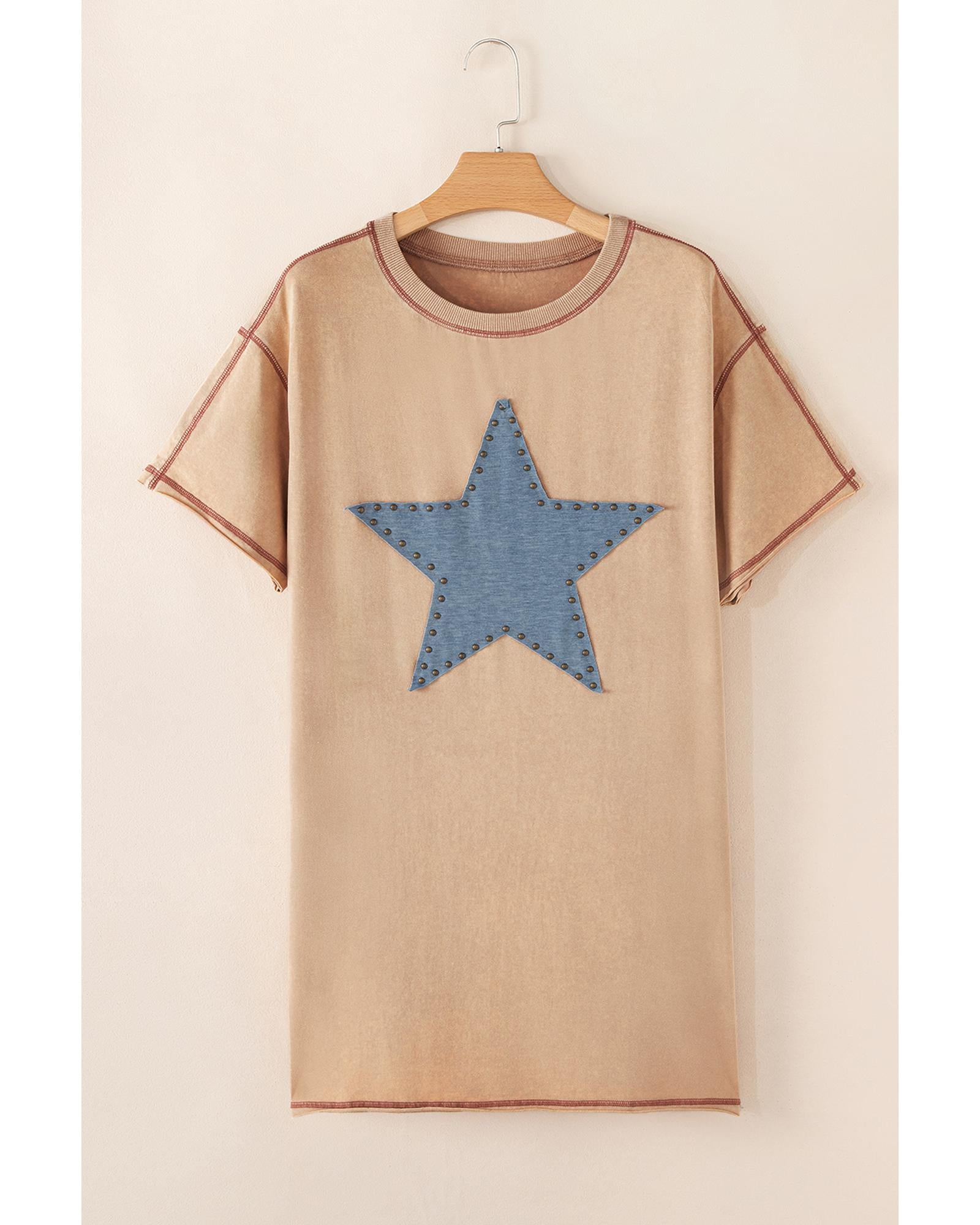 Pale Khaki Mineral Wash Stud Beaded Star Graphic Pocketed T Shirt Dress - S 6