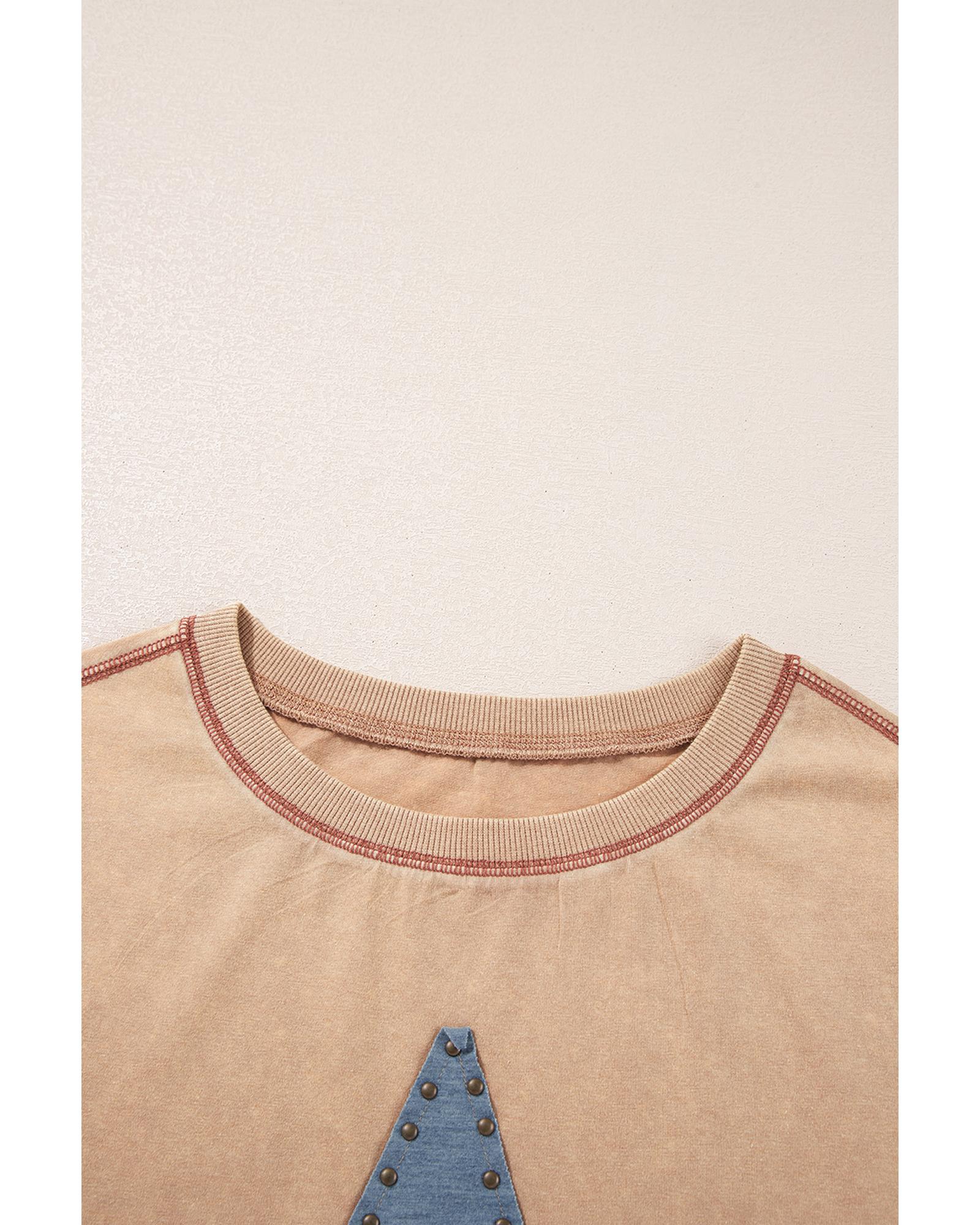 Pale Khaki Mineral Wash Stud Beaded Star Graphic Pocketed T Shirt Dress - S 8