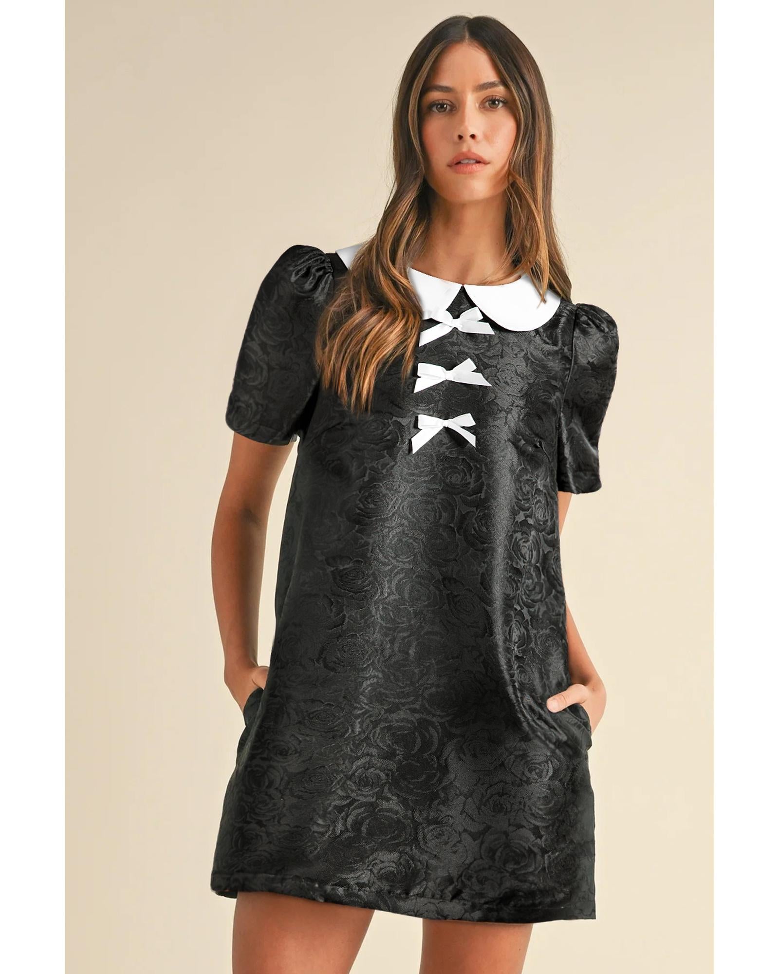 Black Floral Embossed Puff Sleeve Colorblock Bow Collared Mini Dress - L 3