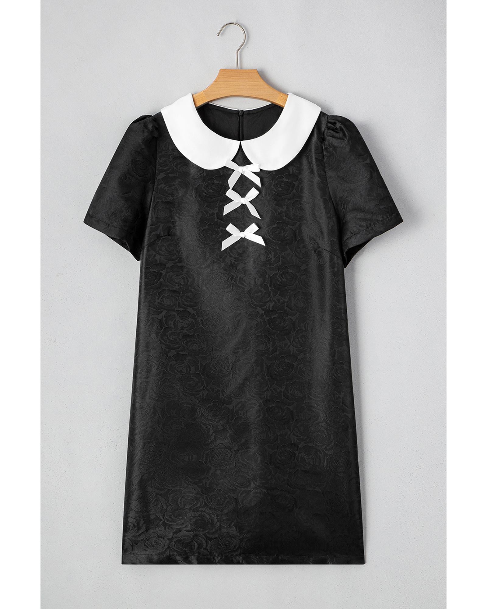 Black Floral Embossed Puff Sleeve Colorblock Bow Collared Mini Dress - L 4