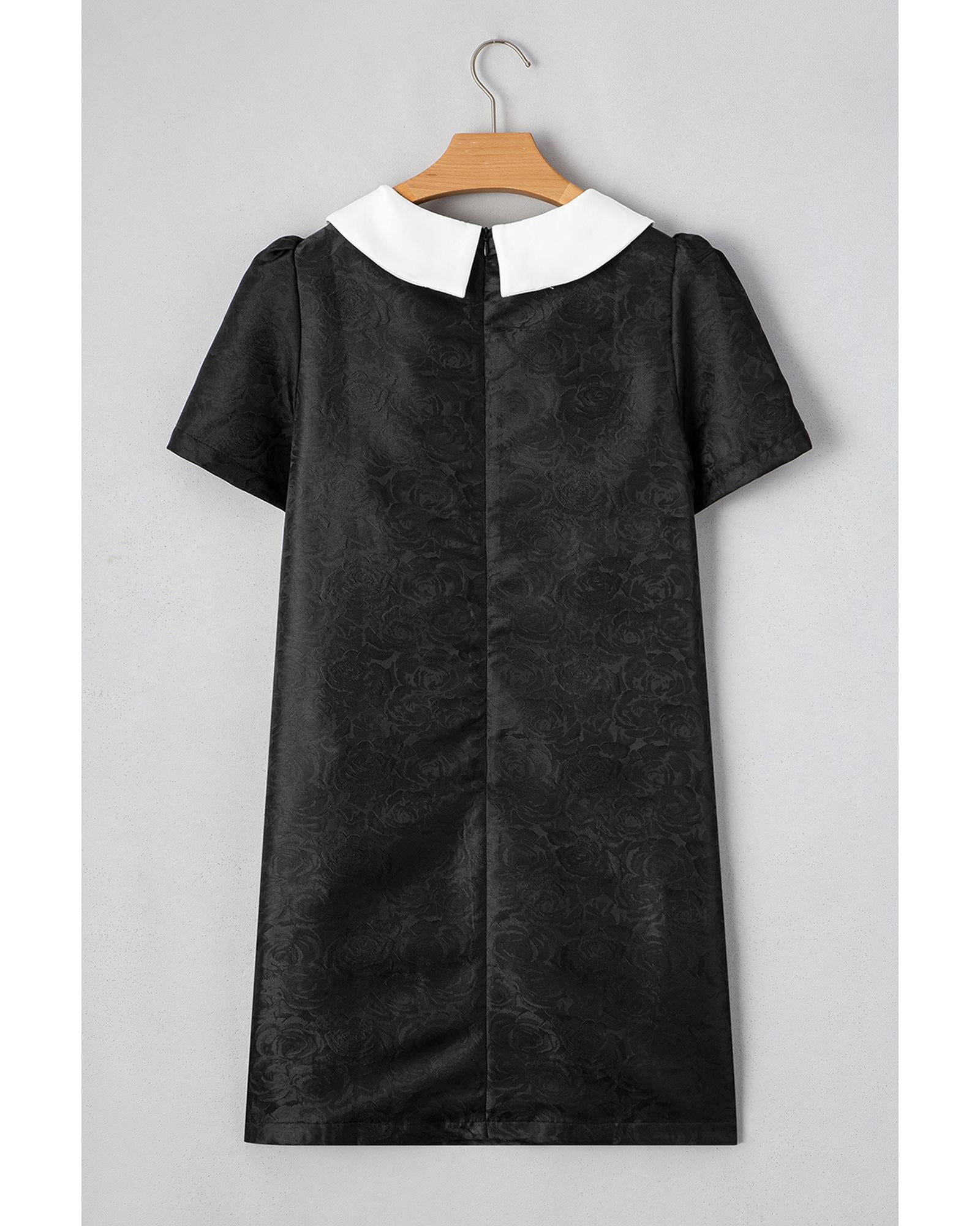 Black Floral Embossed Puff Sleeve Colorblock Bow Collared Mini Dress - L 5