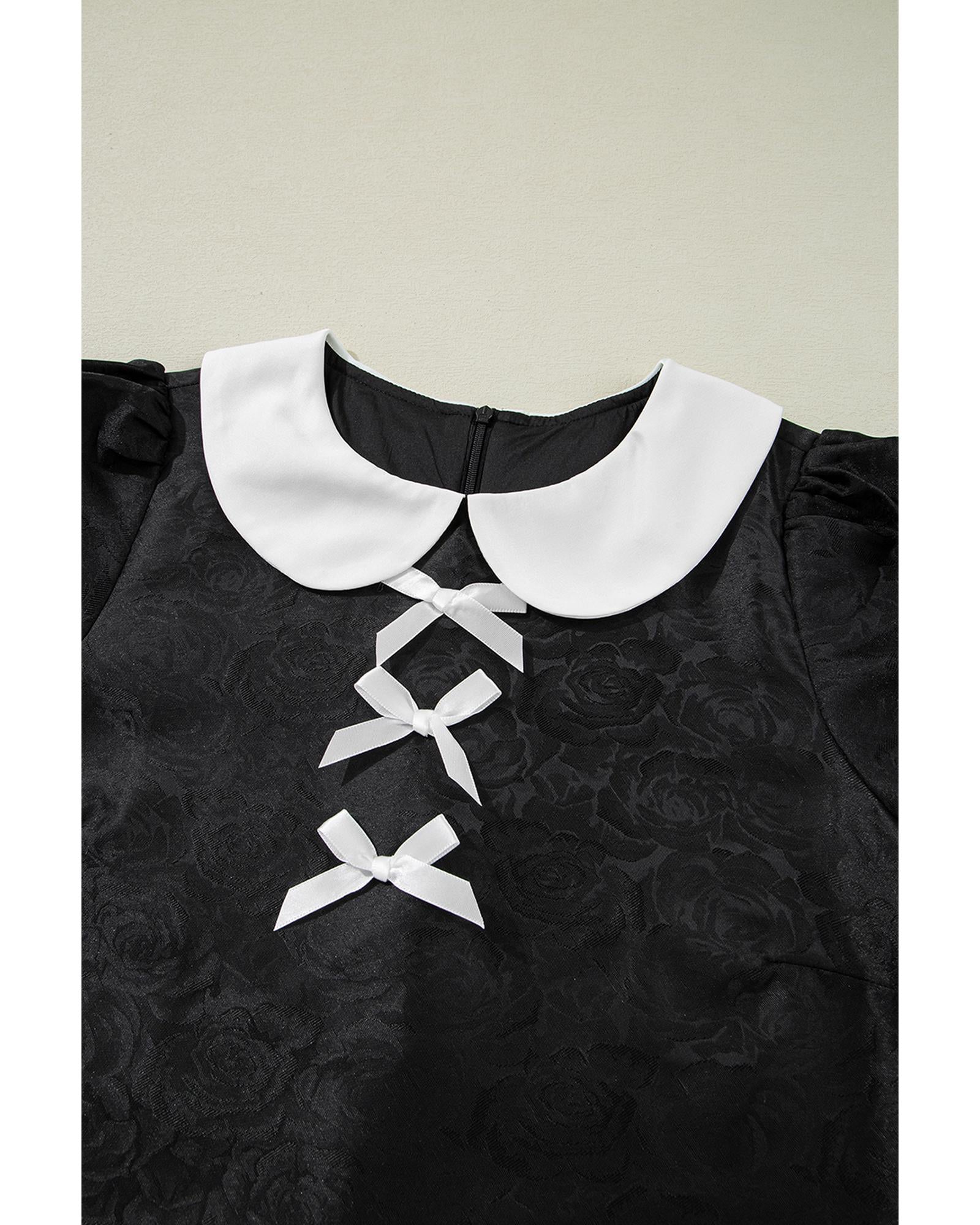 Black Floral Embossed Puff Sleeve Colorblock Bow Collared Mini Dress - L 6