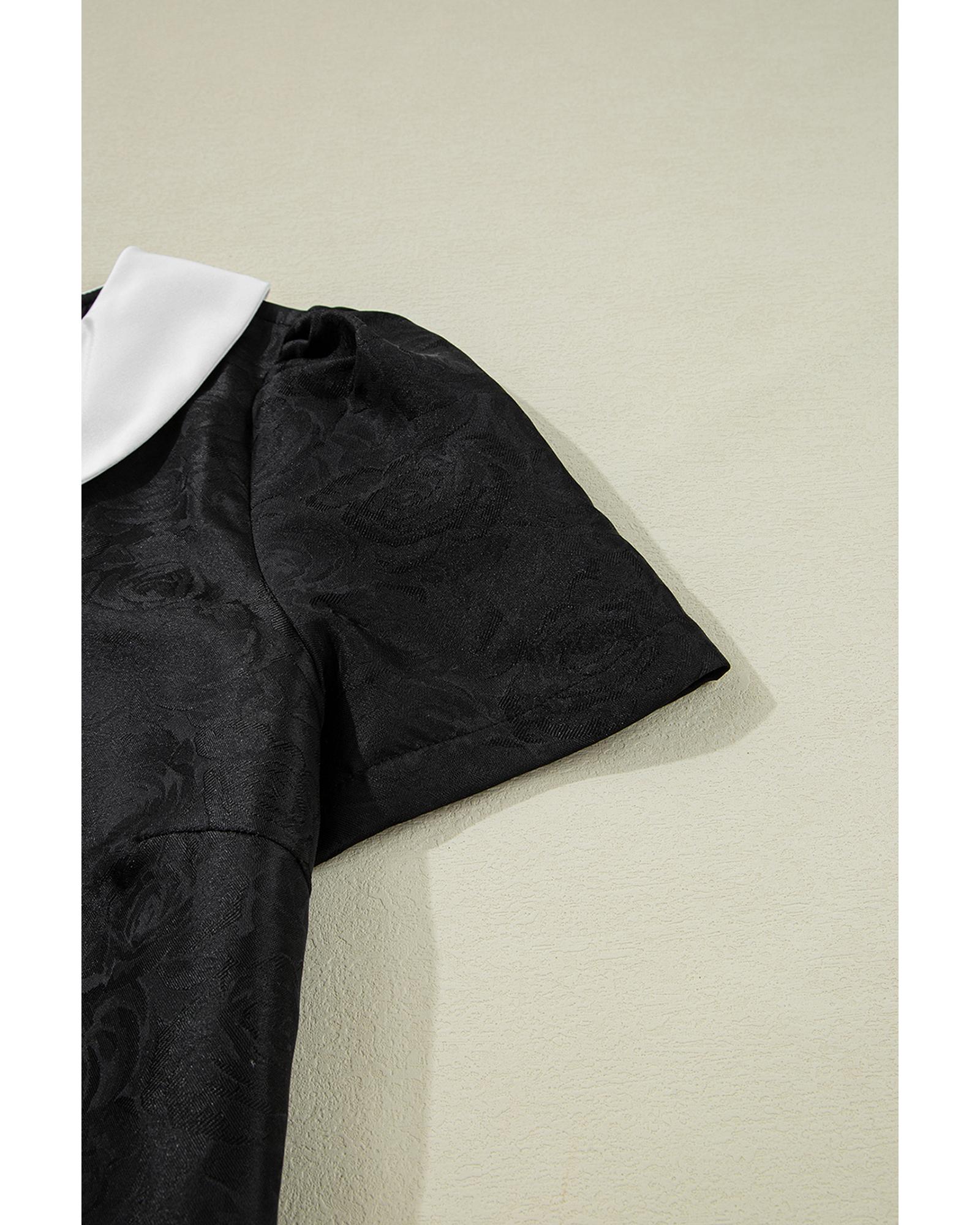 Black Floral Embossed Puff Sleeve Colorblock Bow Collared Mini Dress - L 8