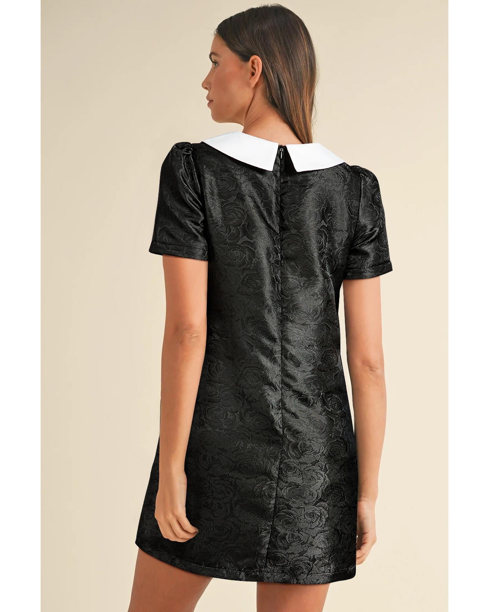 Black Floral Embossed Puff Sleeve Colorblock Bow Collared Mini Dress - XL