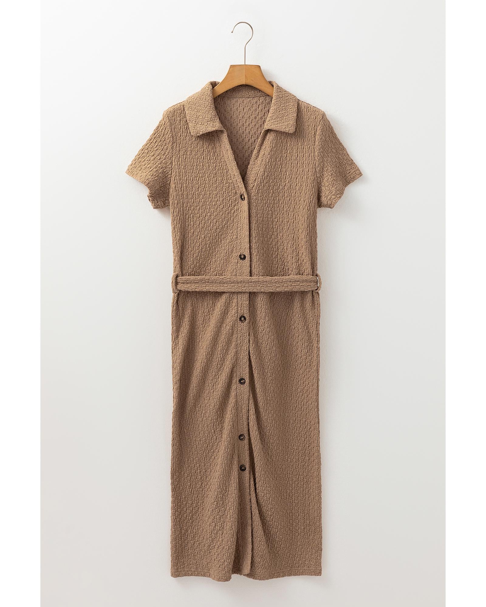 Buckskin Short Sleeve Textured Button Up Tie Waist Long Dress - M