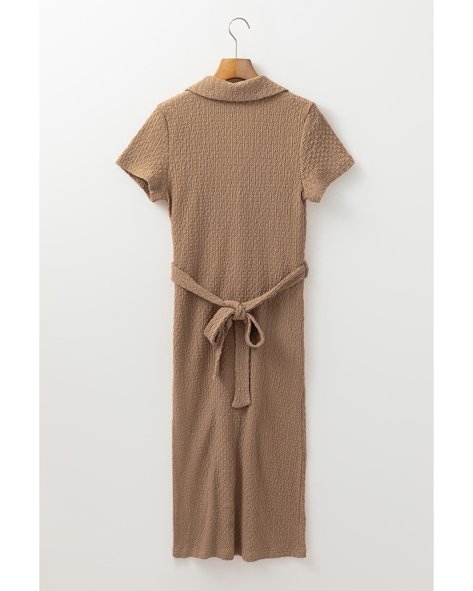Buckskin Short Sleeve Textured Button Up Tie Waist Long Dress - M
