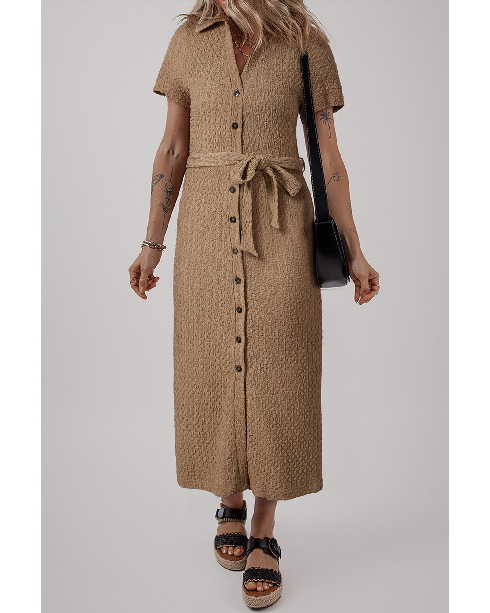 Buckskin Short Sleeve Textured Button Up Tie Waist Long Dress - M 5