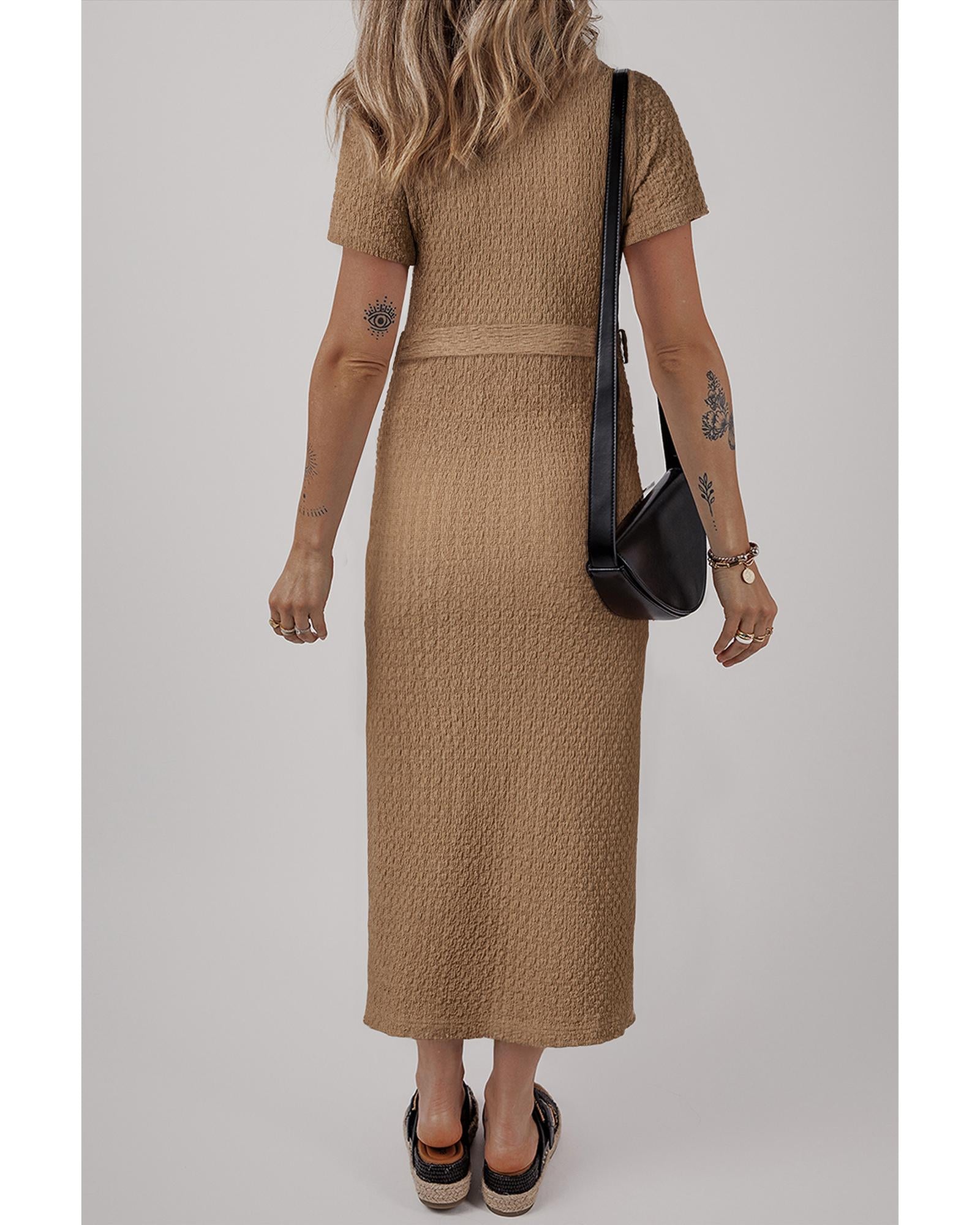 Buckskin Short Sleeve Textured Button Up Tie Waist Long Dress - XL 5
