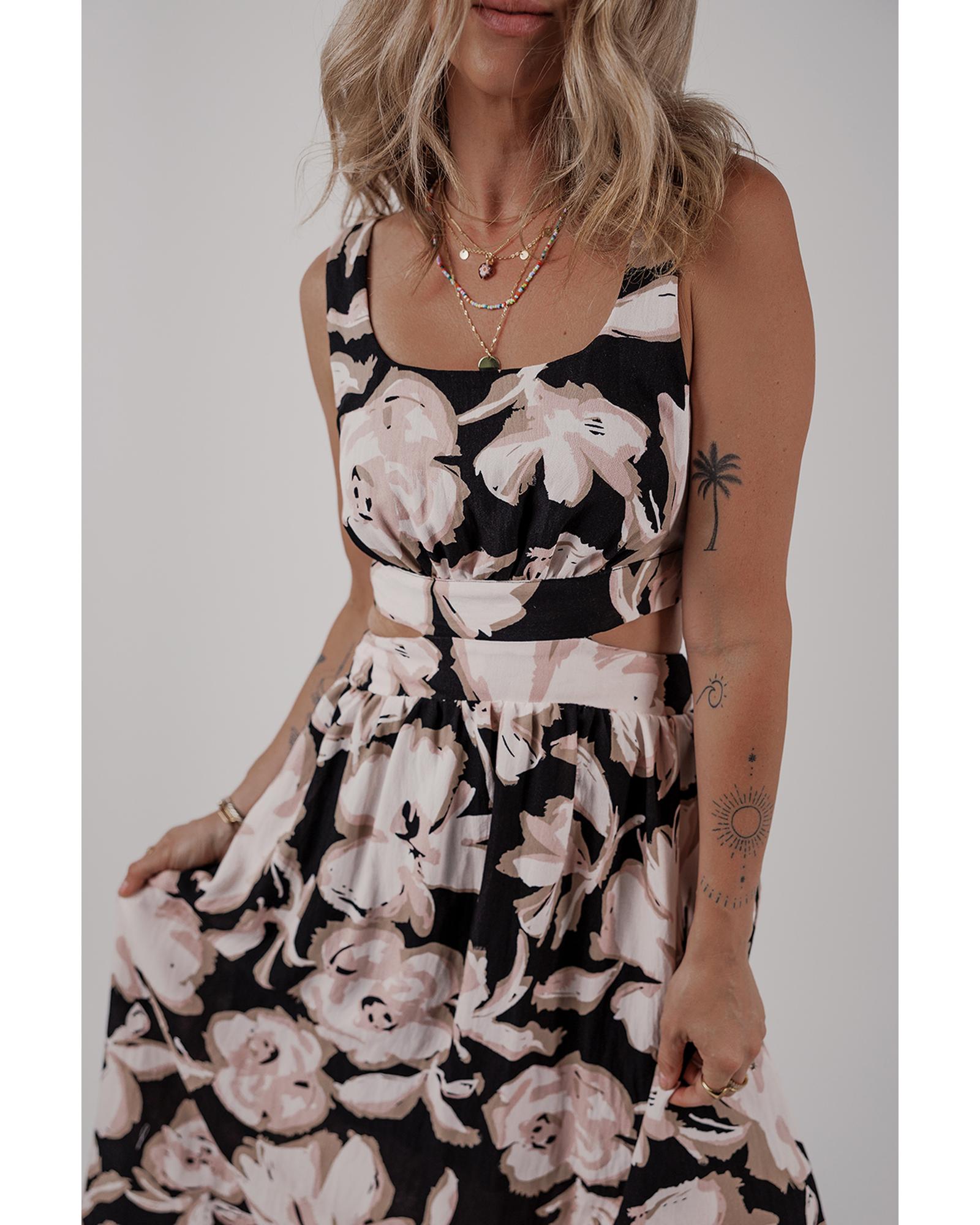 Black Floral Cutout Square Neck Knot Back Sleeveless Maxi Dress - M