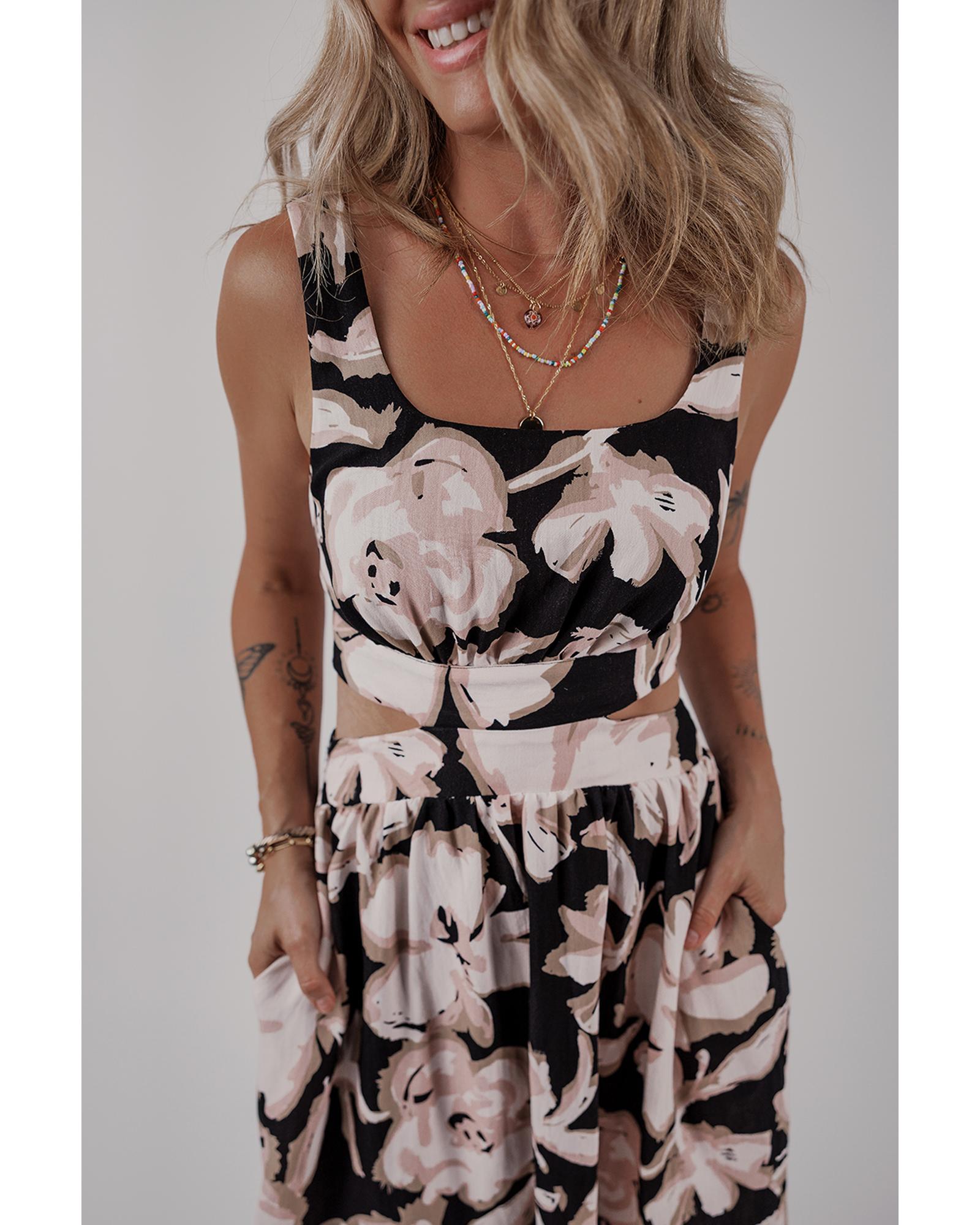 Black Floral Cutout Square Neck Knot Back Sleeveless Maxi Dress - M 6