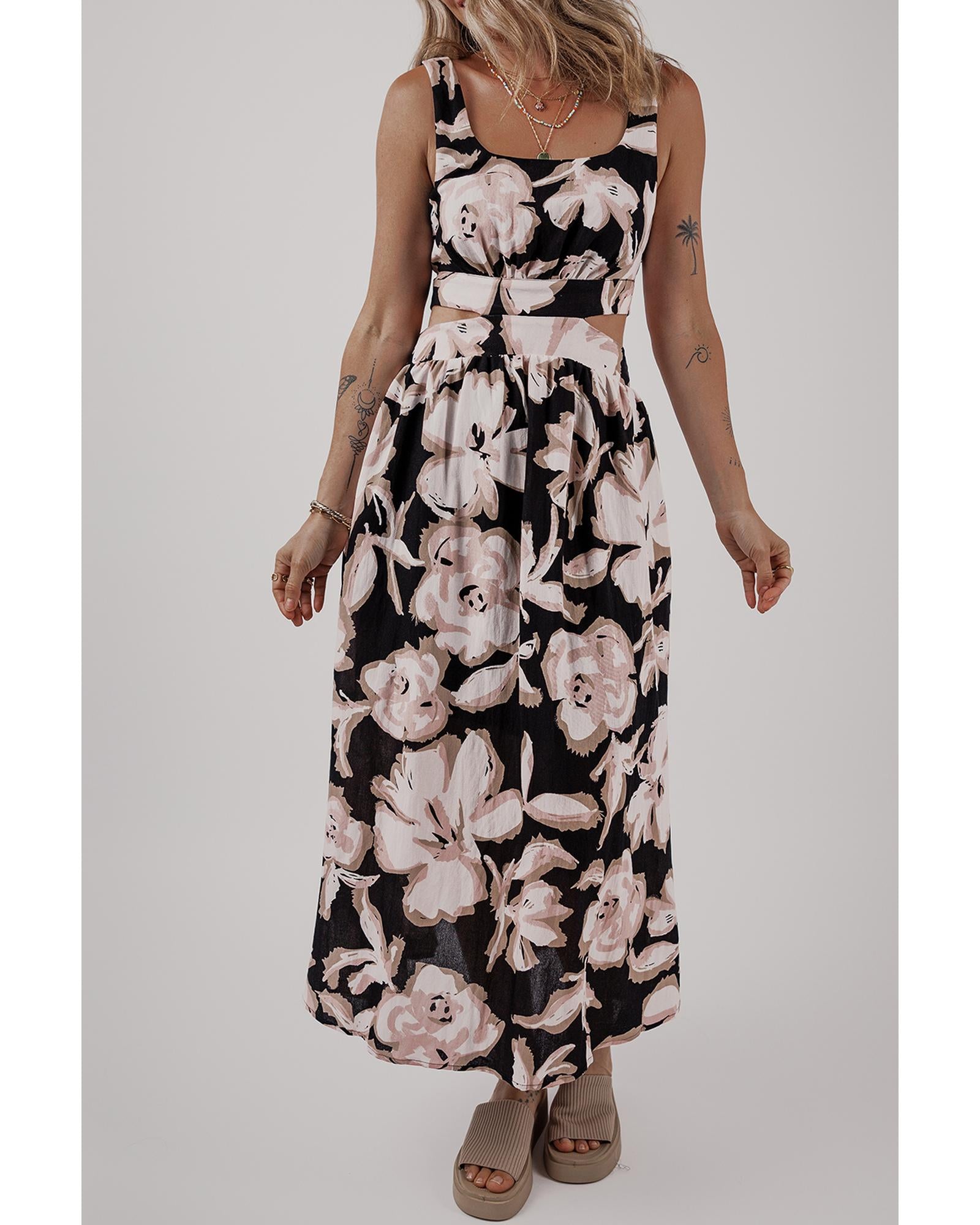 Black Floral Cutout Square Neck Knot Back Sleeveless Maxi Dress - M 7
