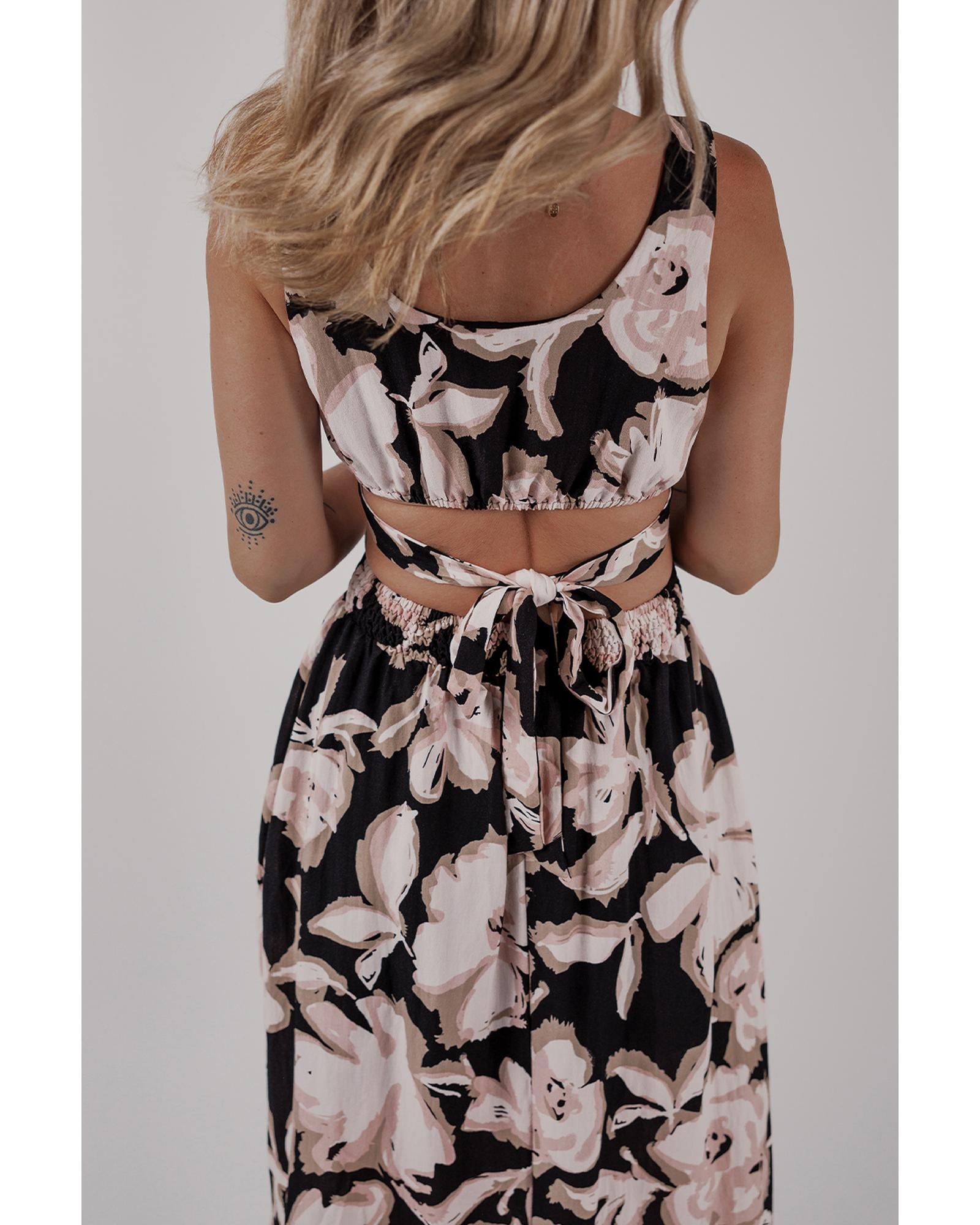 Black Floral Cutout Square Neck Knot Back Sleeveless Maxi Dress - S 5