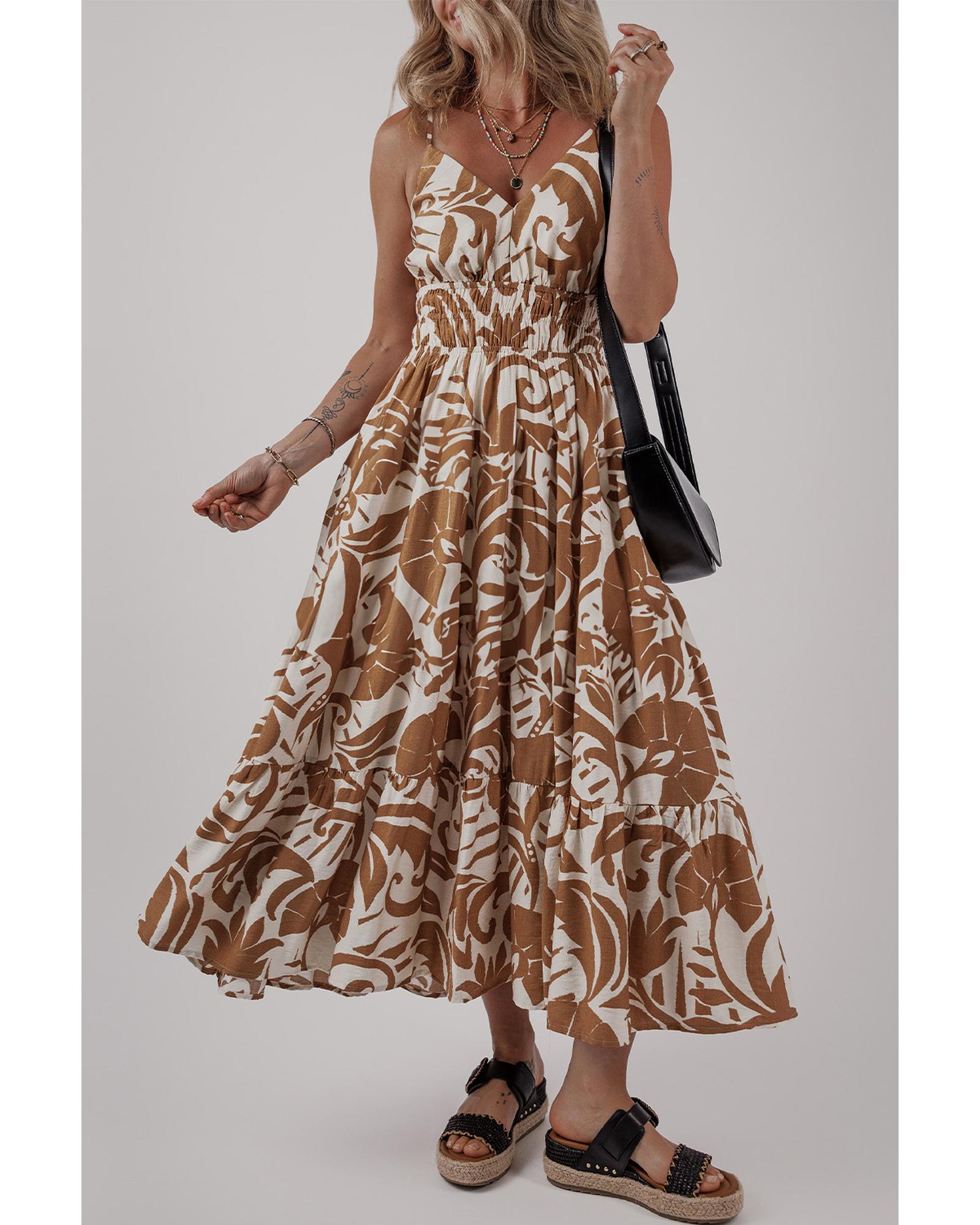 Khaki Floral Shirred High Waist Spaghetti Straps Maxi Dress - L