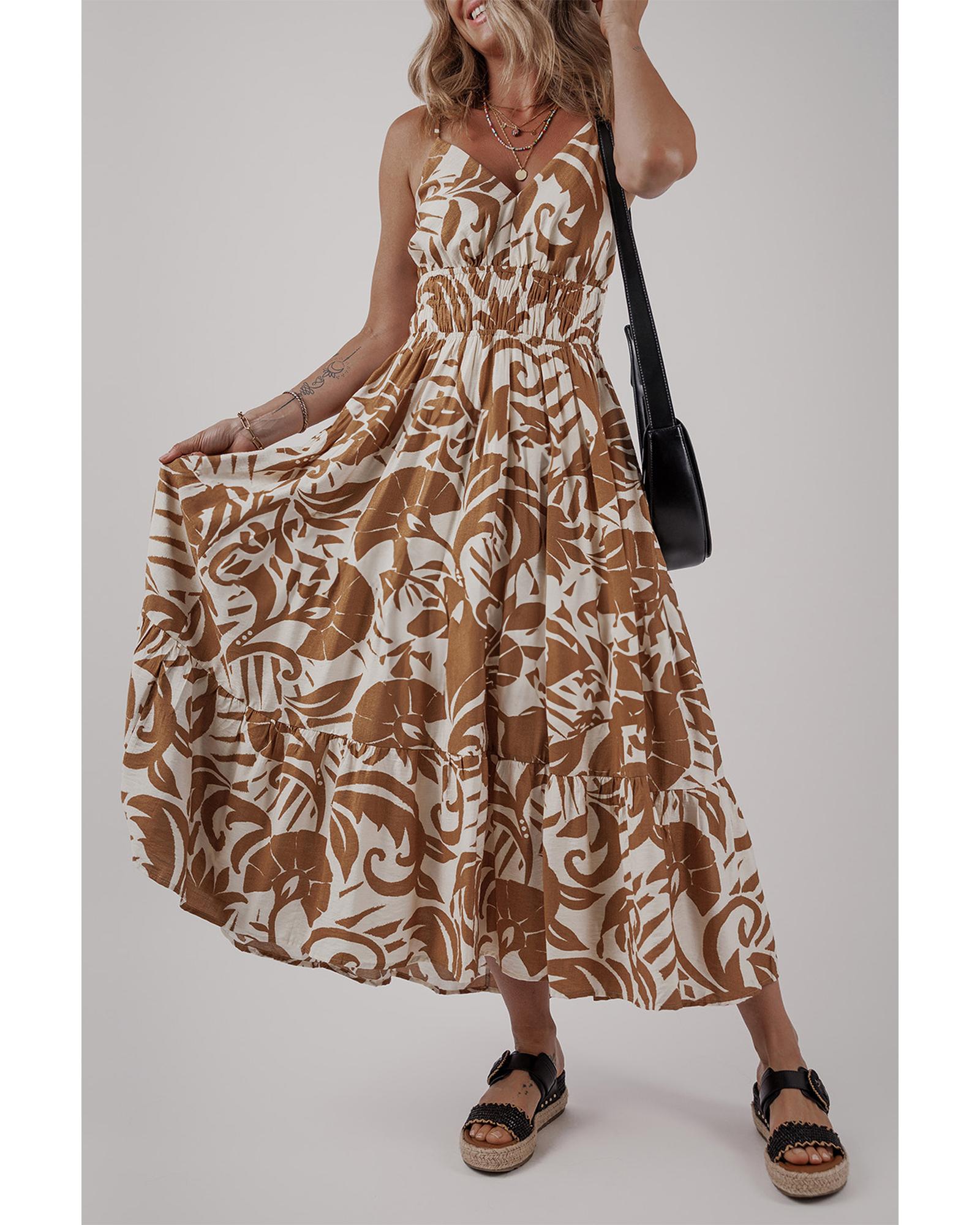 Khaki Floral Shirred High Waist Spaghetti Straps Maxi Dress - L 3