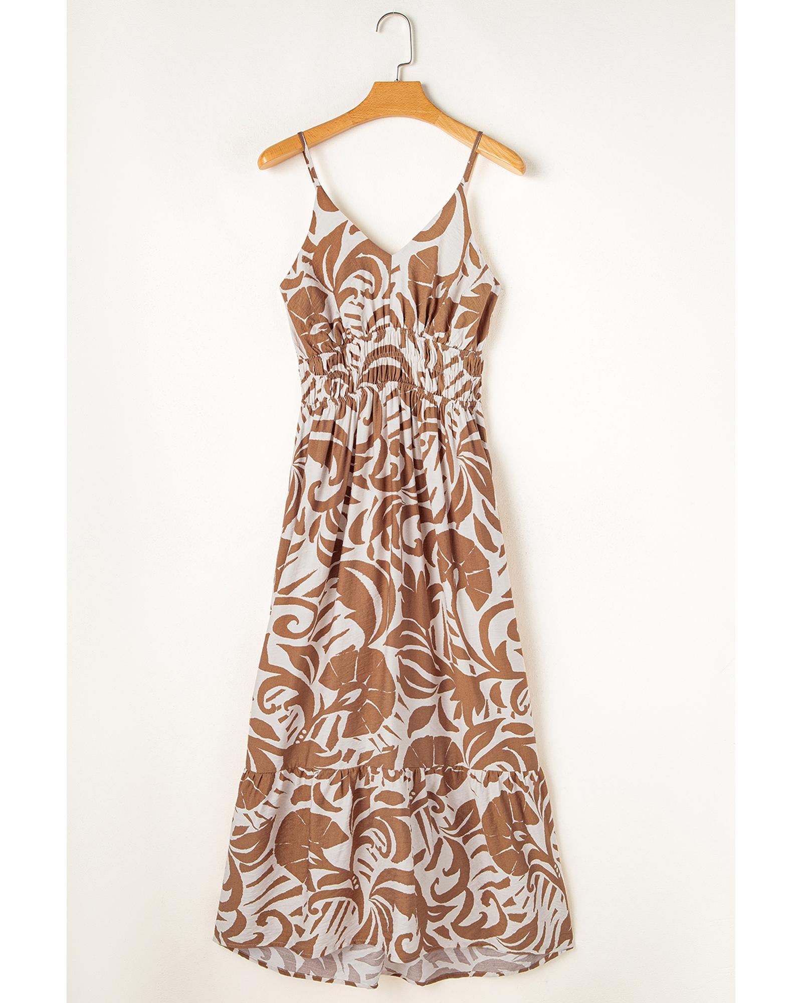 Khaki Floral Shirred High Waist Spaghetti Straps Maxi Dress - L 7