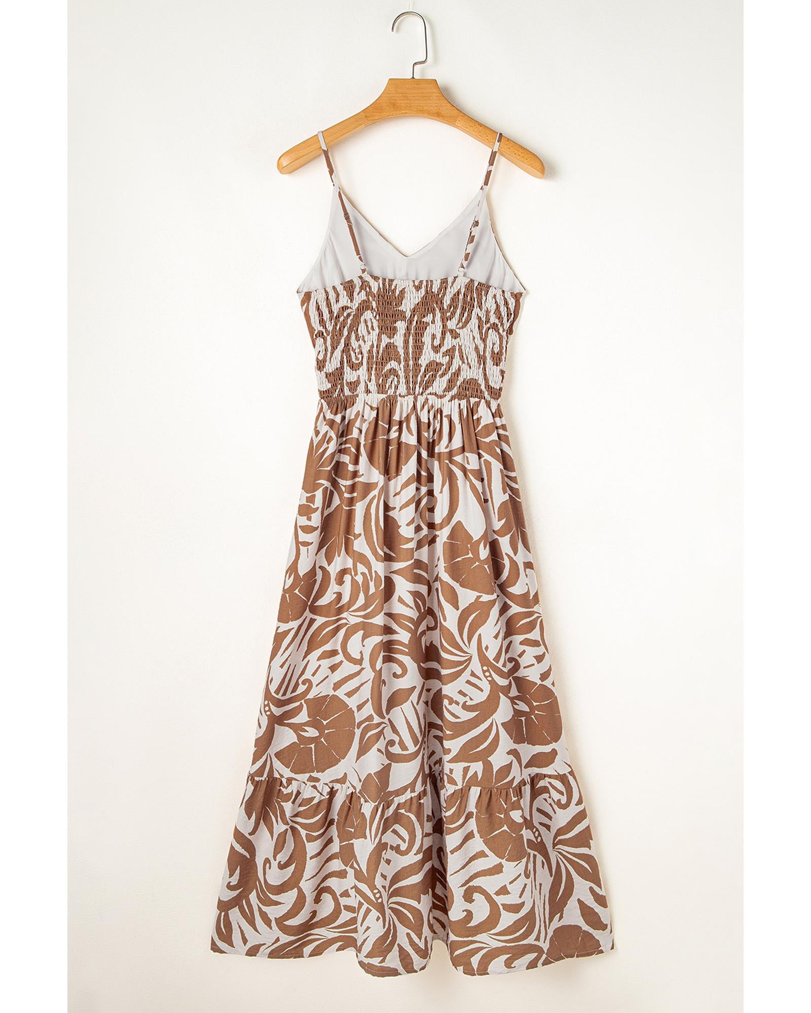 Khaki Floral Shirred High Waist Spaghetti Straps Maxi Dress - L 8