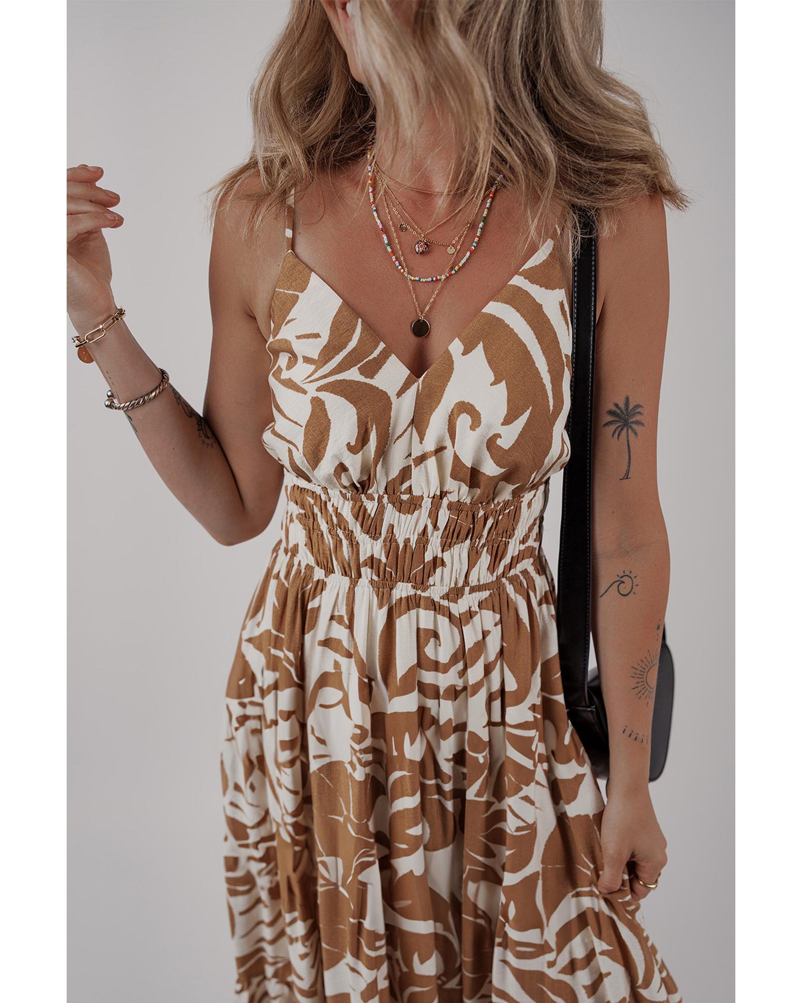 Khaki Floral Shirred High Waist Spaghetti Straps Maxi Dress - M 3