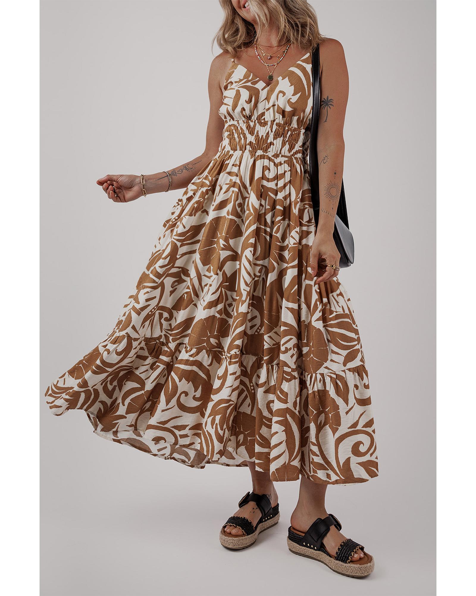 Khaki Floral Shirred High Waist Spaghetti Straps Maxi Dress - M 5