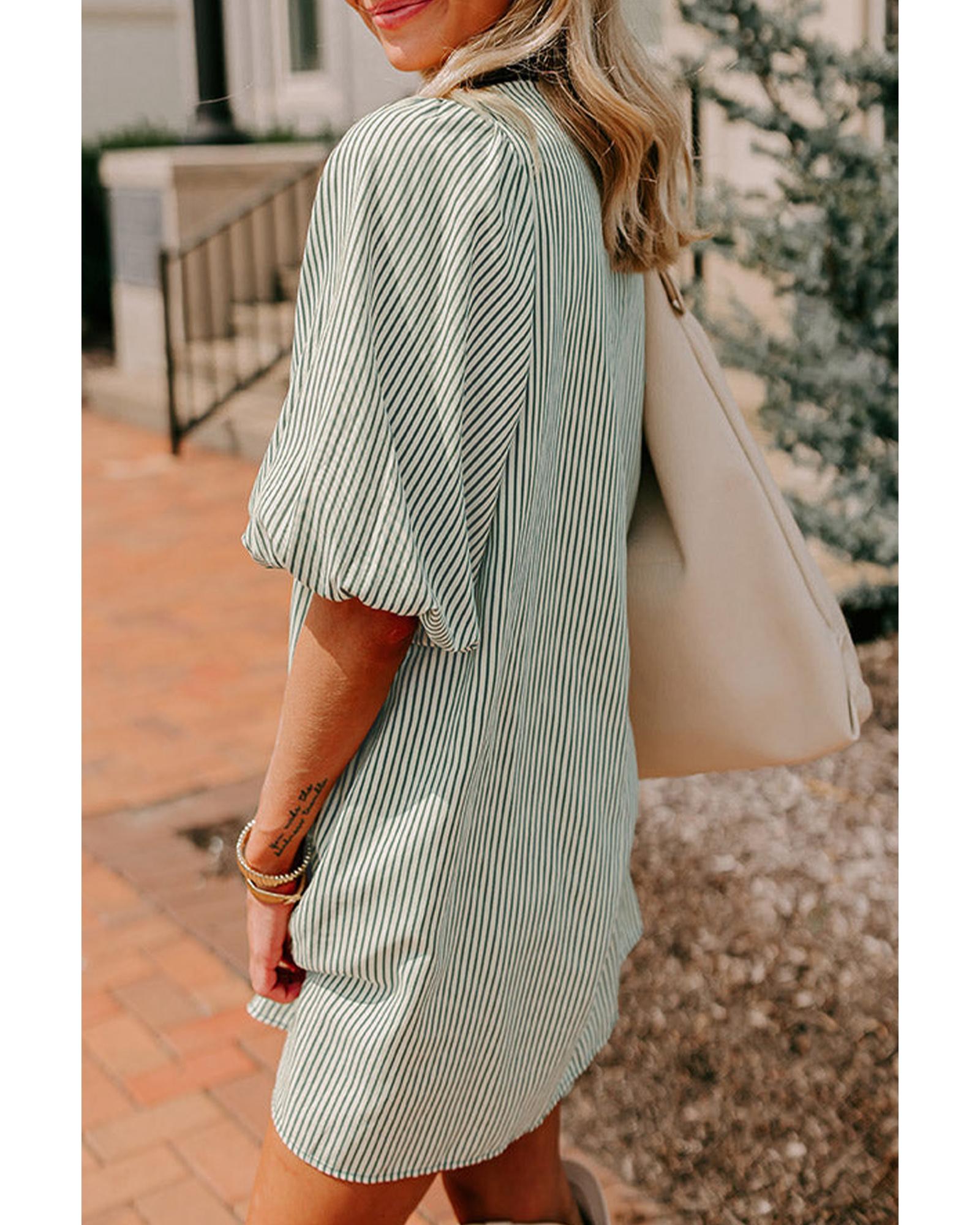 Green Patch Pockets Button Down Short Puff Sleeve Dress - M 3