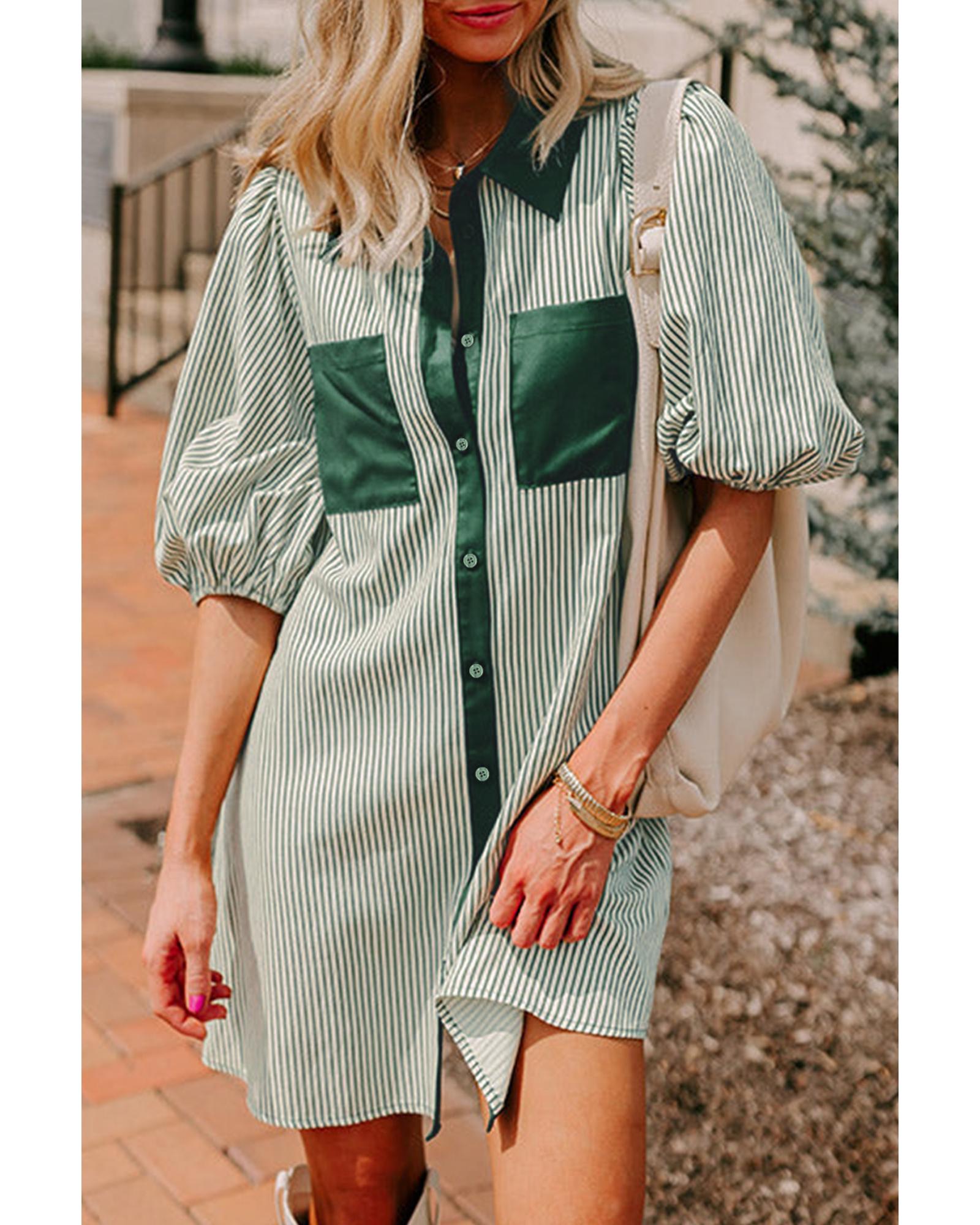 Green Patch Pockets Button Down Short Puff Sleeve Dress - M 4