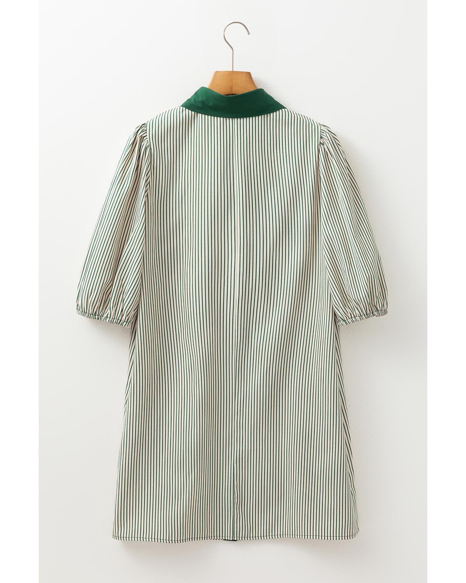 Green Patch Pockets Button Down Short Puff Sleeve Dress - M 7