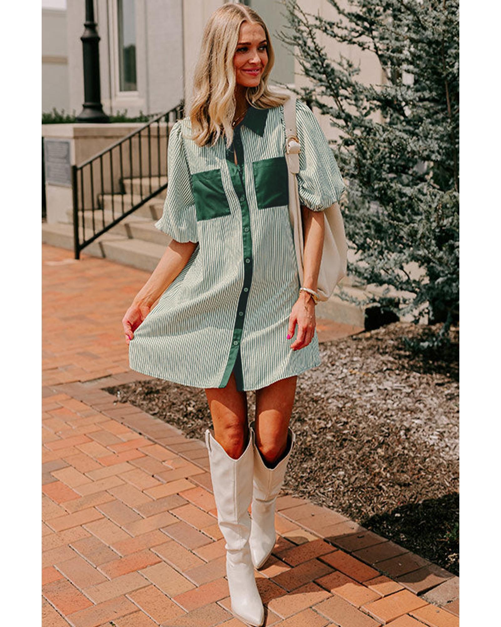 Green Patch Pockets Button Down Short Puff Sleeve Dress - S
