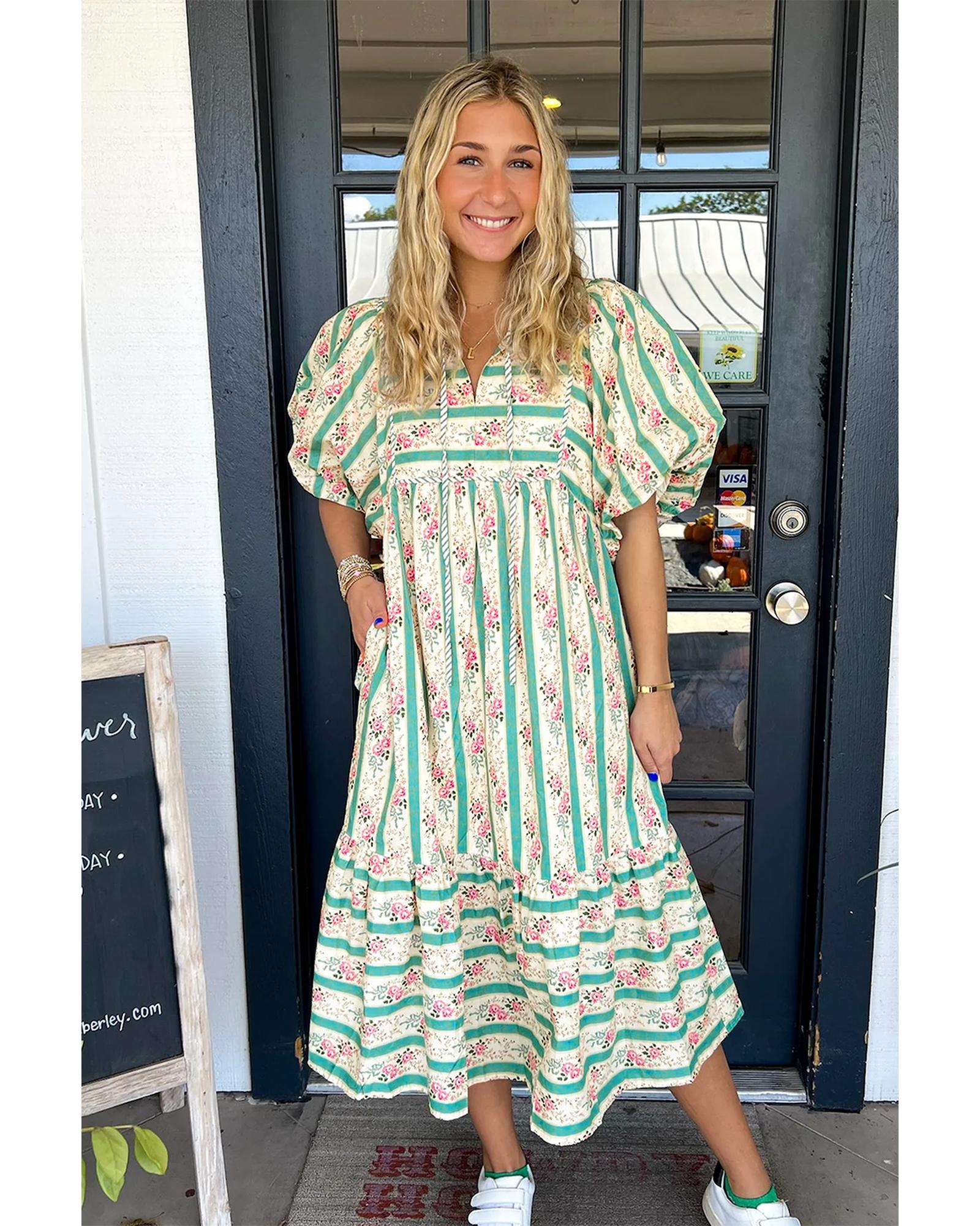 Multicolour Striped Floral Print Tie Split Neck Puff Sleeve Midi Dress - M 3