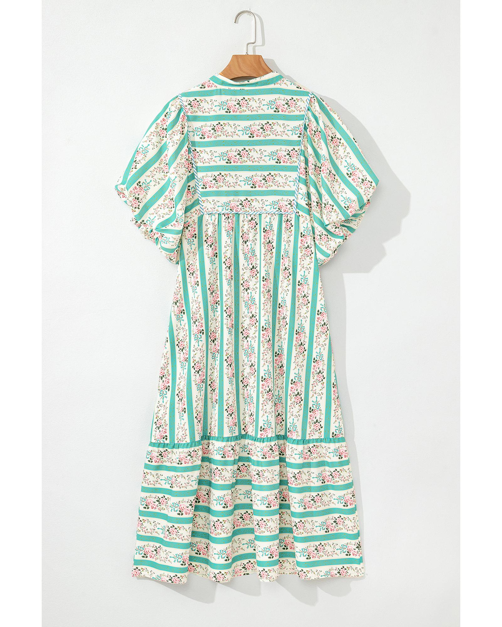 Multicolour Striped Floral Print Tie Split Neck Puff Sleeve Midi Dress - M 5