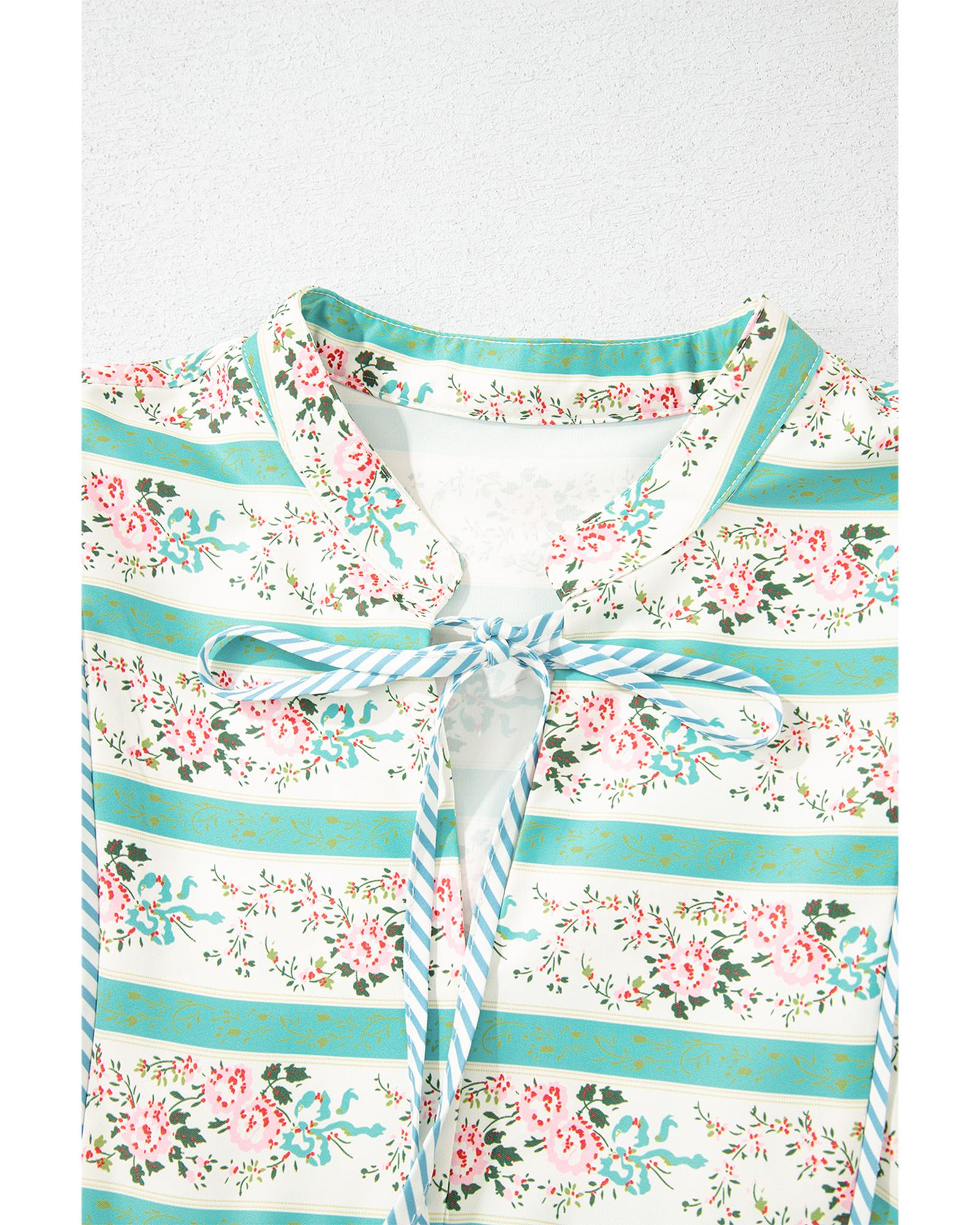 Multicolour Striped Floral Print Tie Split Neck Puff Sleeve Midi Dress - S 5