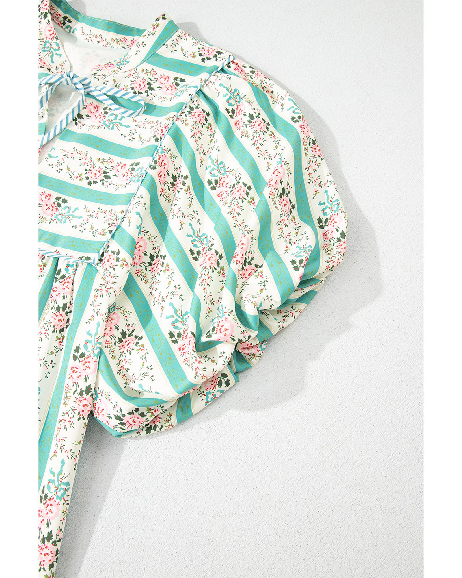 Multicolour Striped Floral Print Tie Split Neck Puff Sleeve Midi Dress - S 7