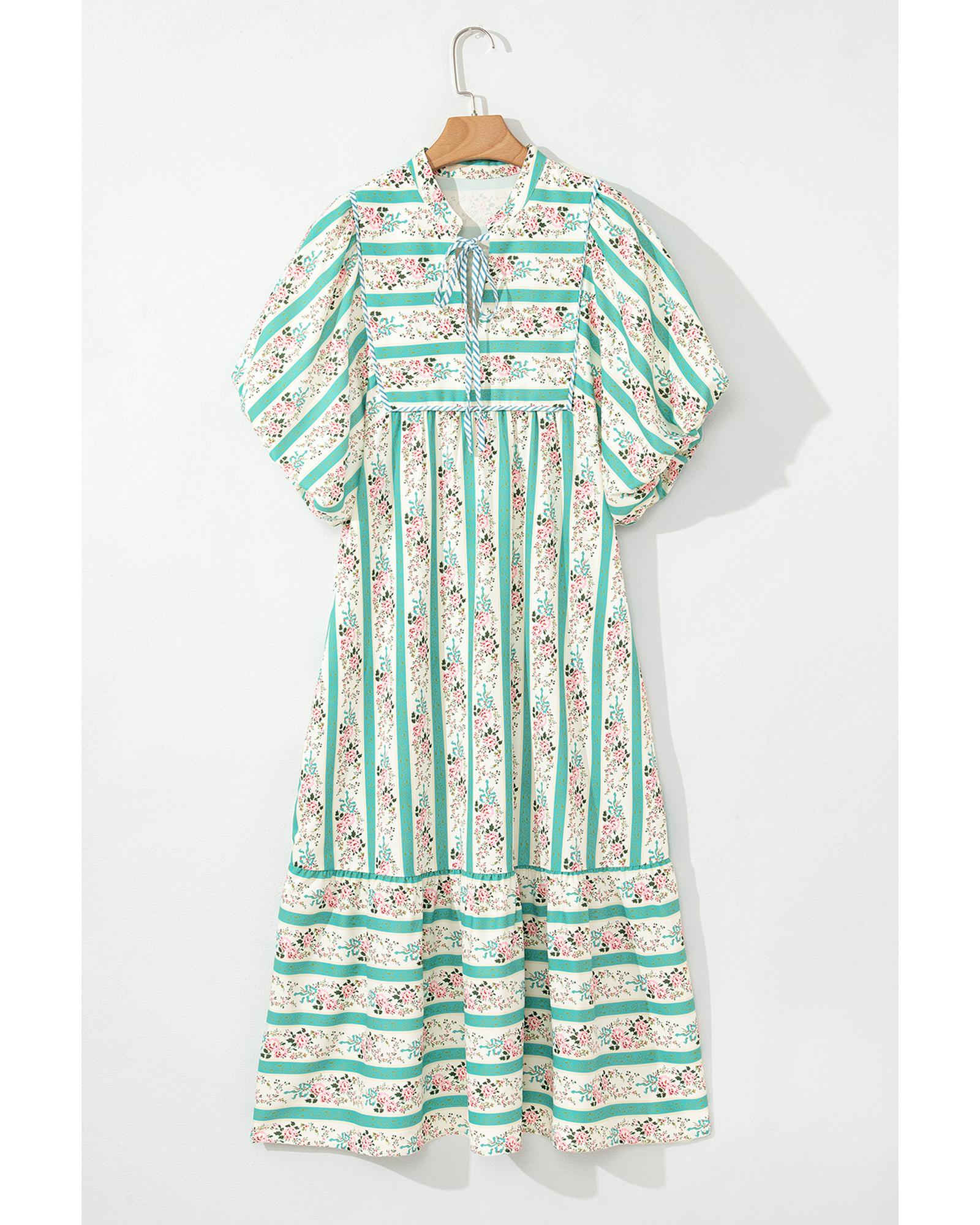 Multicolour Striped Floral Print Tie Split Neck Puff Sleeve Midi Dress - XL 4