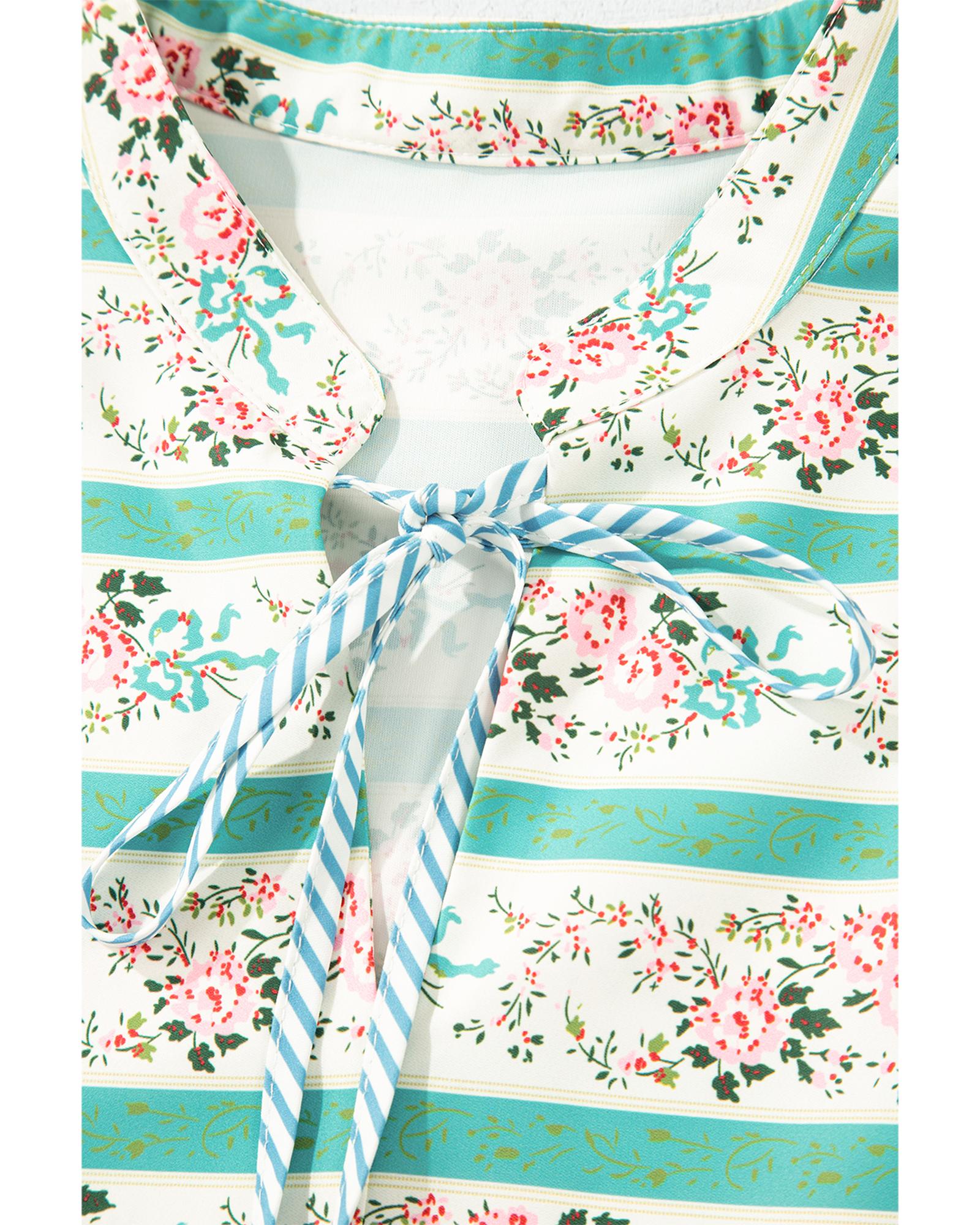 Multicolour Striped Floral Print Tie Split Neck Puff Sleeve Midi Dress - XL 7