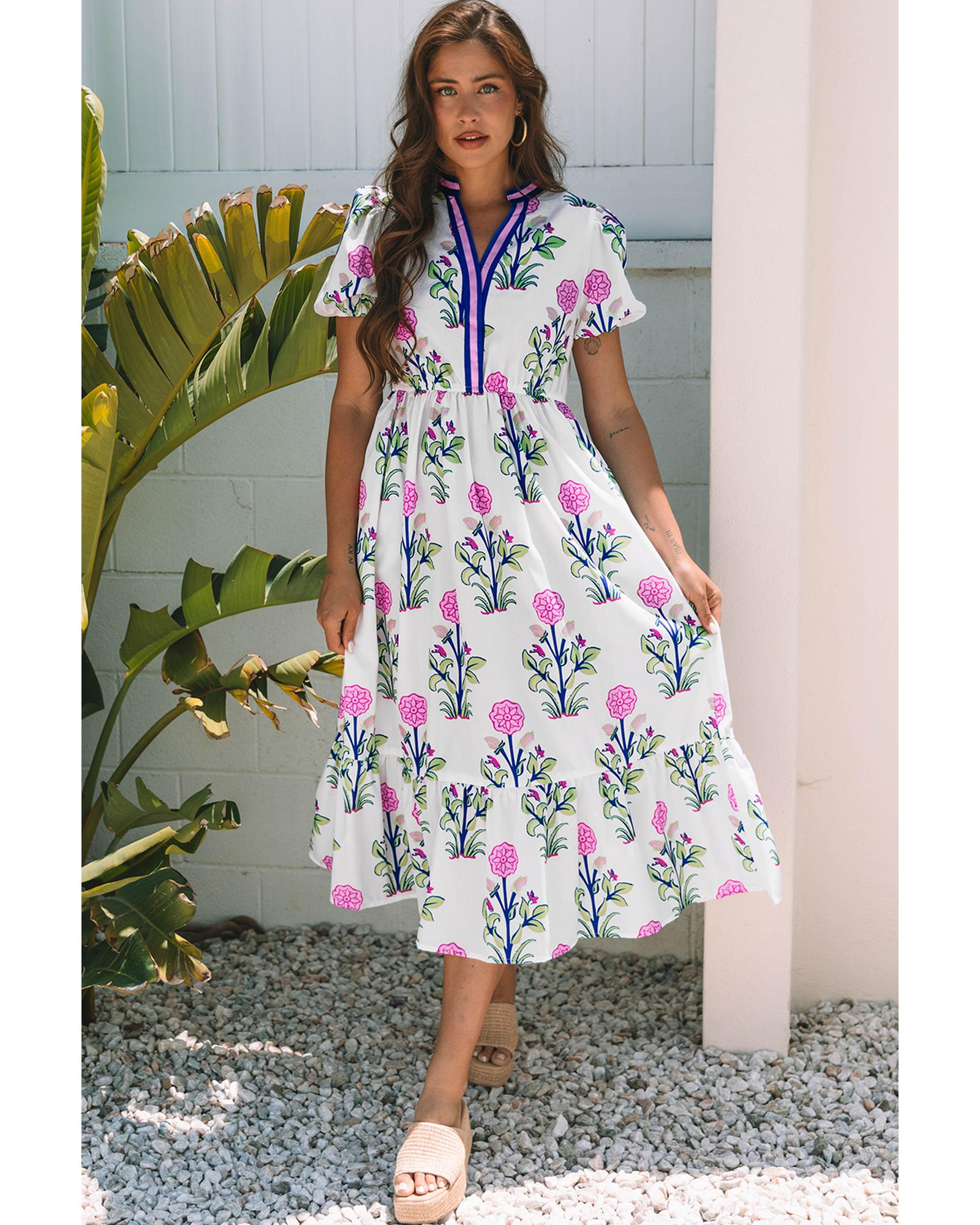 White Floral Puff Short Sleeve V Neck High Waist Maxi Dress - L